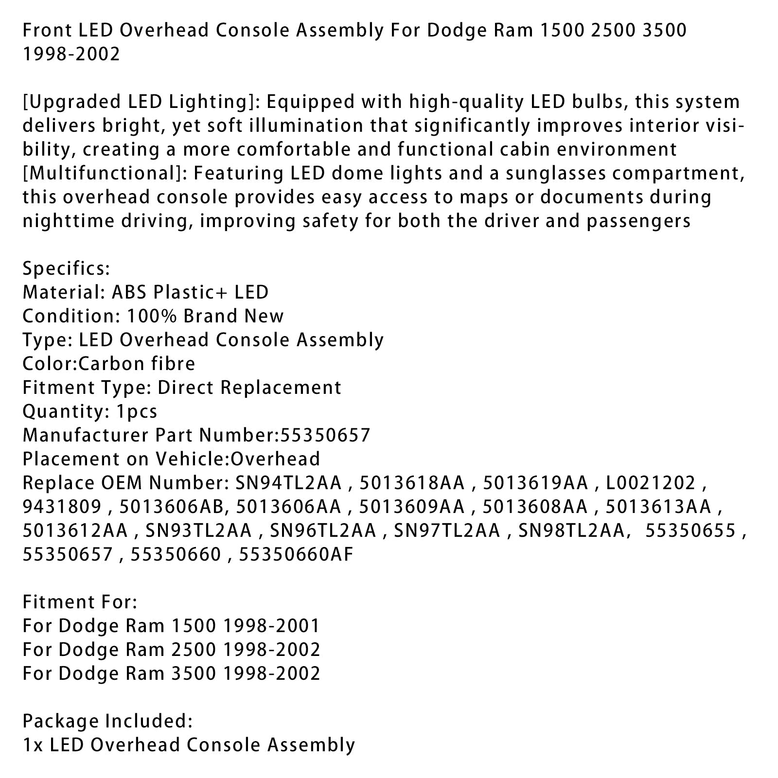 1998-2002 Dodge Ram 3500  Front LED Overhead Console Carbon