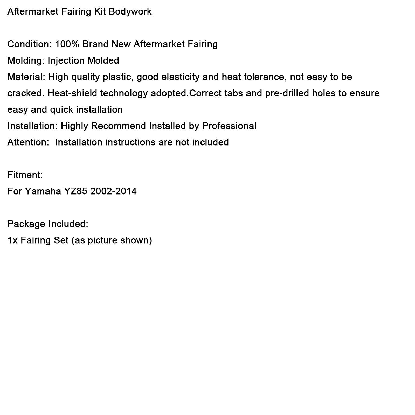 Body Plastic Kit Fender Fairing For Yamaha YZ85 2002-2014