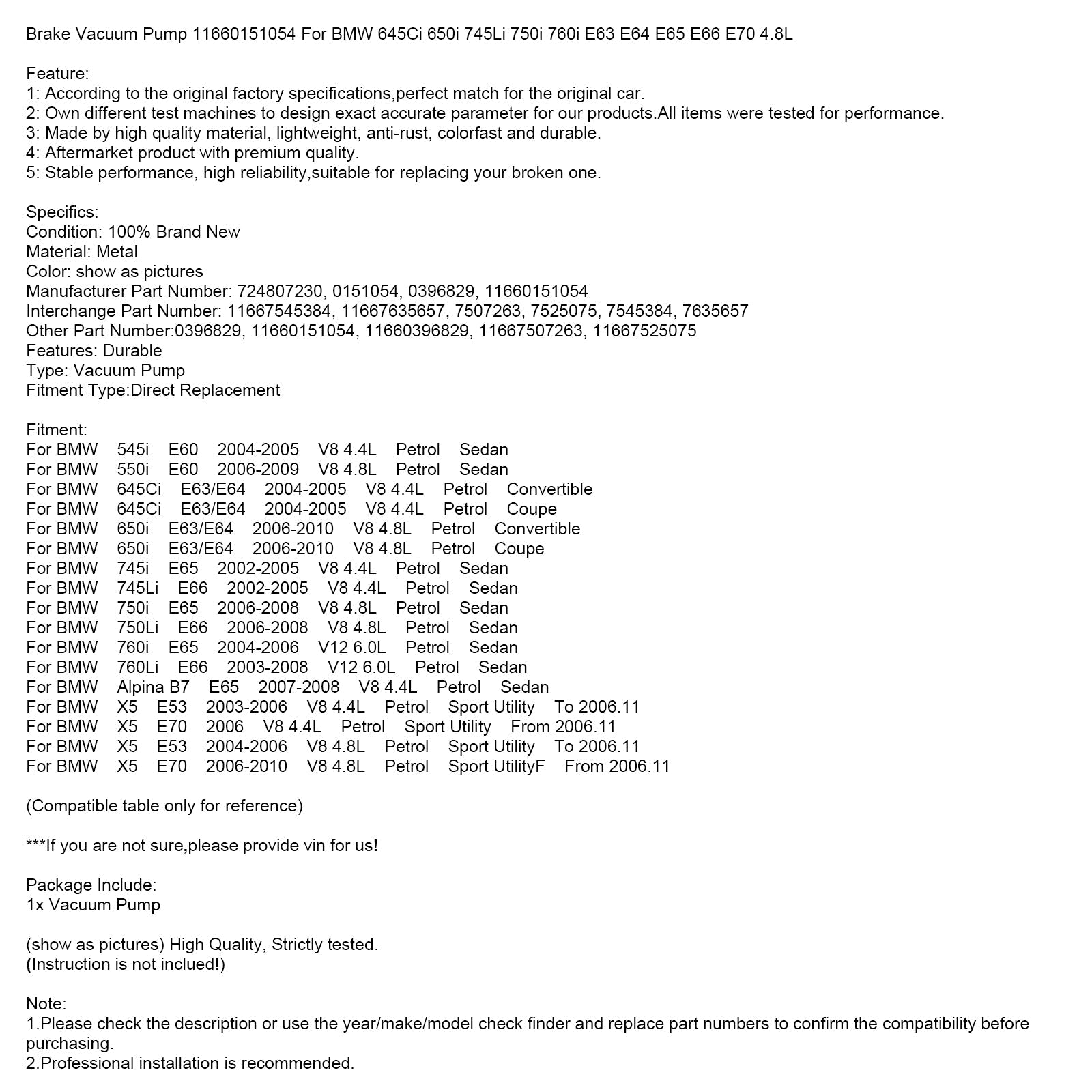 2006-2008 BMW 750i E65 V8 4.8L Petrol Sedan Brake Vacuum Pump 11660151054