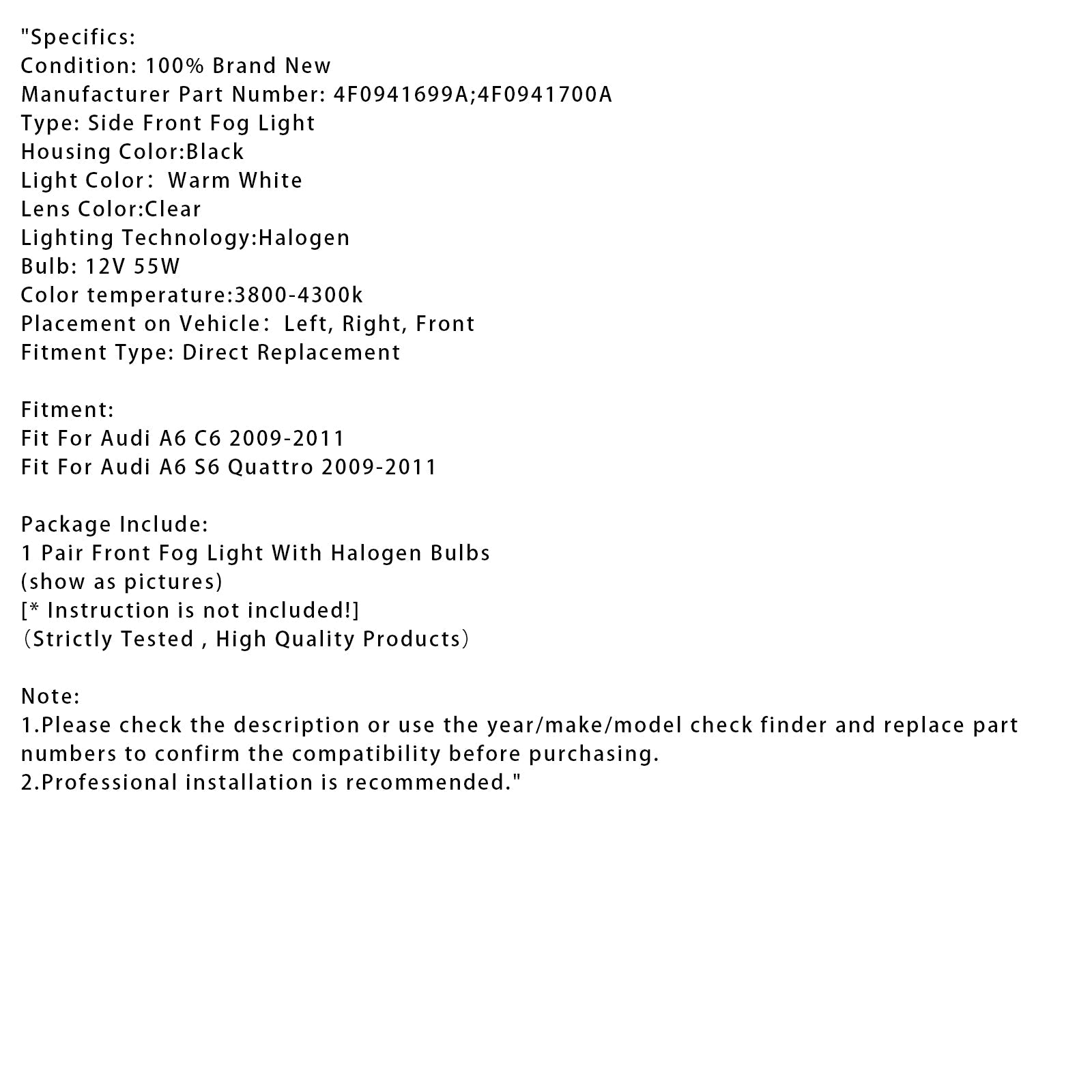 Pair Front Bumper Driving Fog Light Lamps For Audi A6 Avant 4F C6 2009-2011