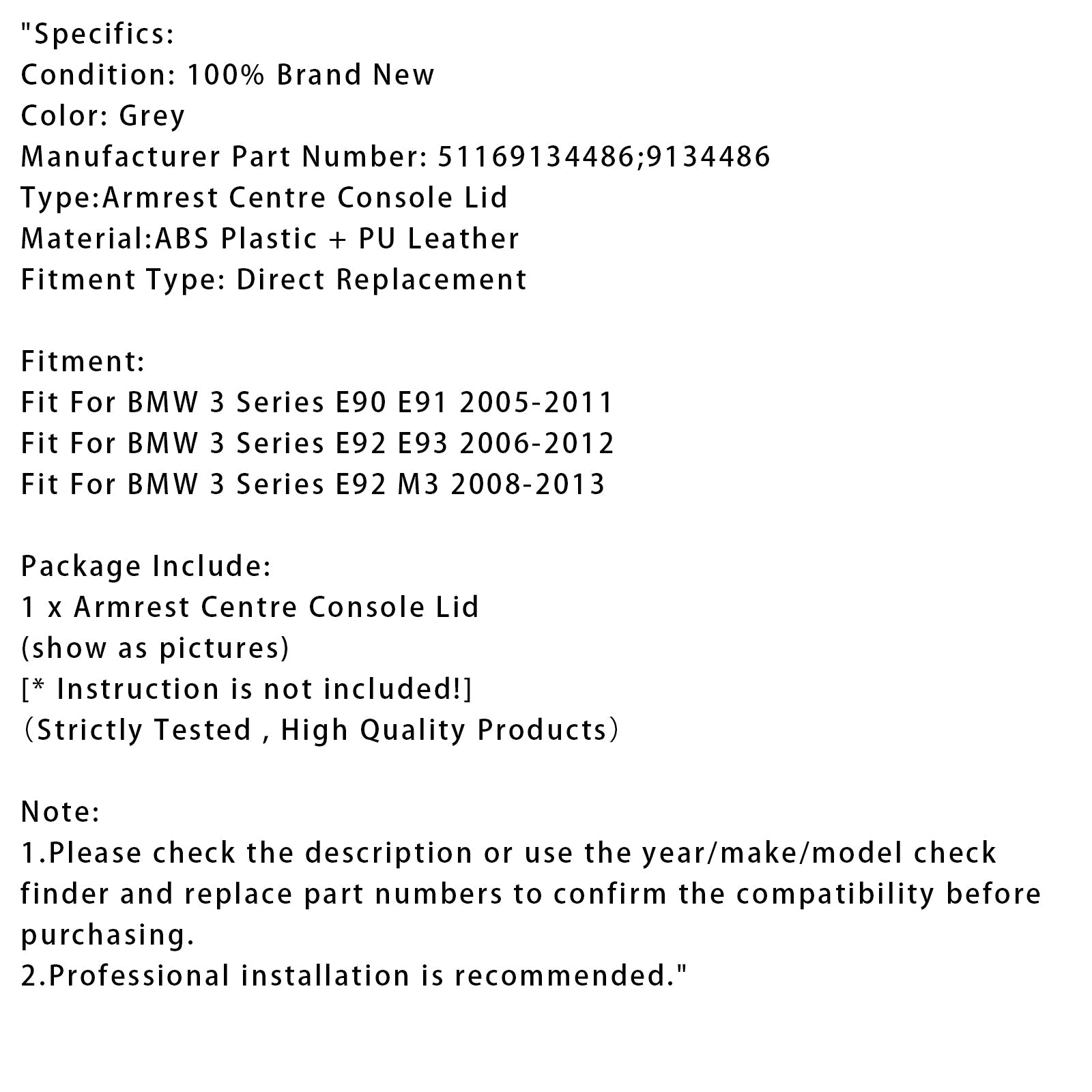 Grey Leather Armrest Centre Console Lid For BMW E90 E91 E92 E93 51169134486
