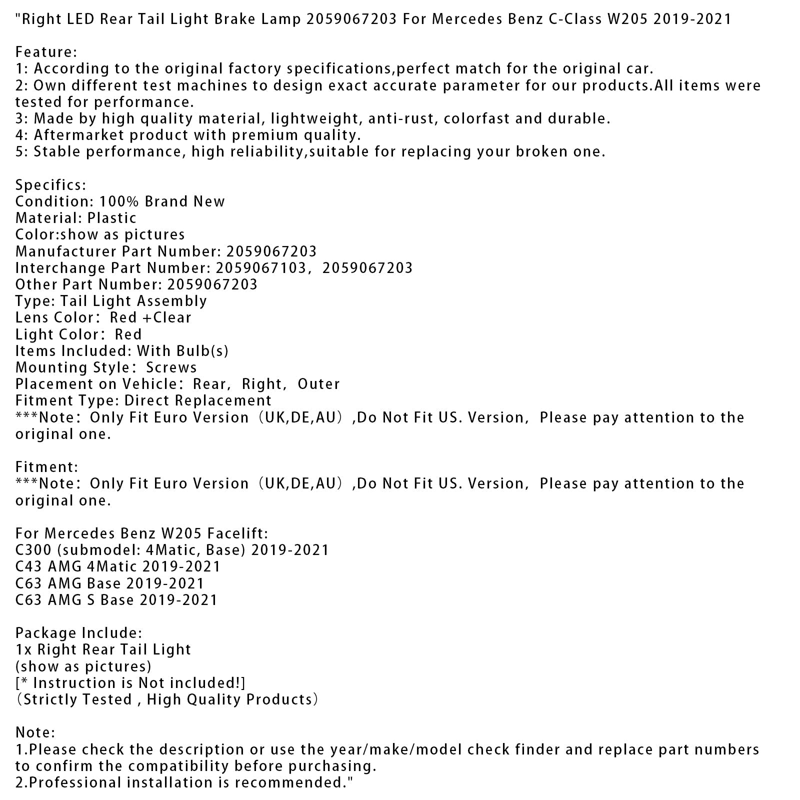 Right LED Rear Tail Light Brake Lamp Fit For Mercedes Benz C-Class W205 2019-2021