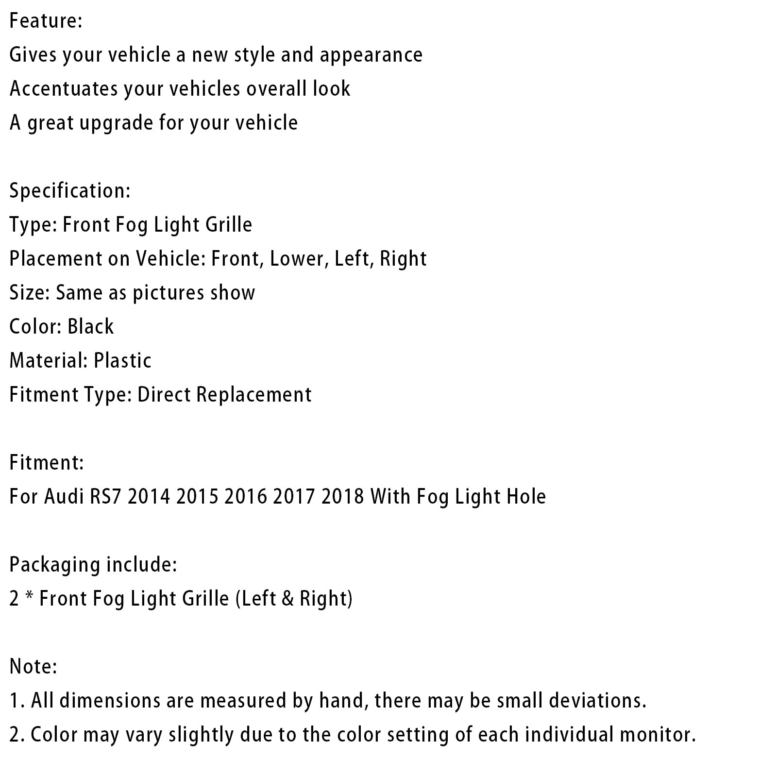 페어 프론트 범퍼 안개 조명 램프 프레임 그릴 덮개가 맞는 아우디 RS7 2014-2018