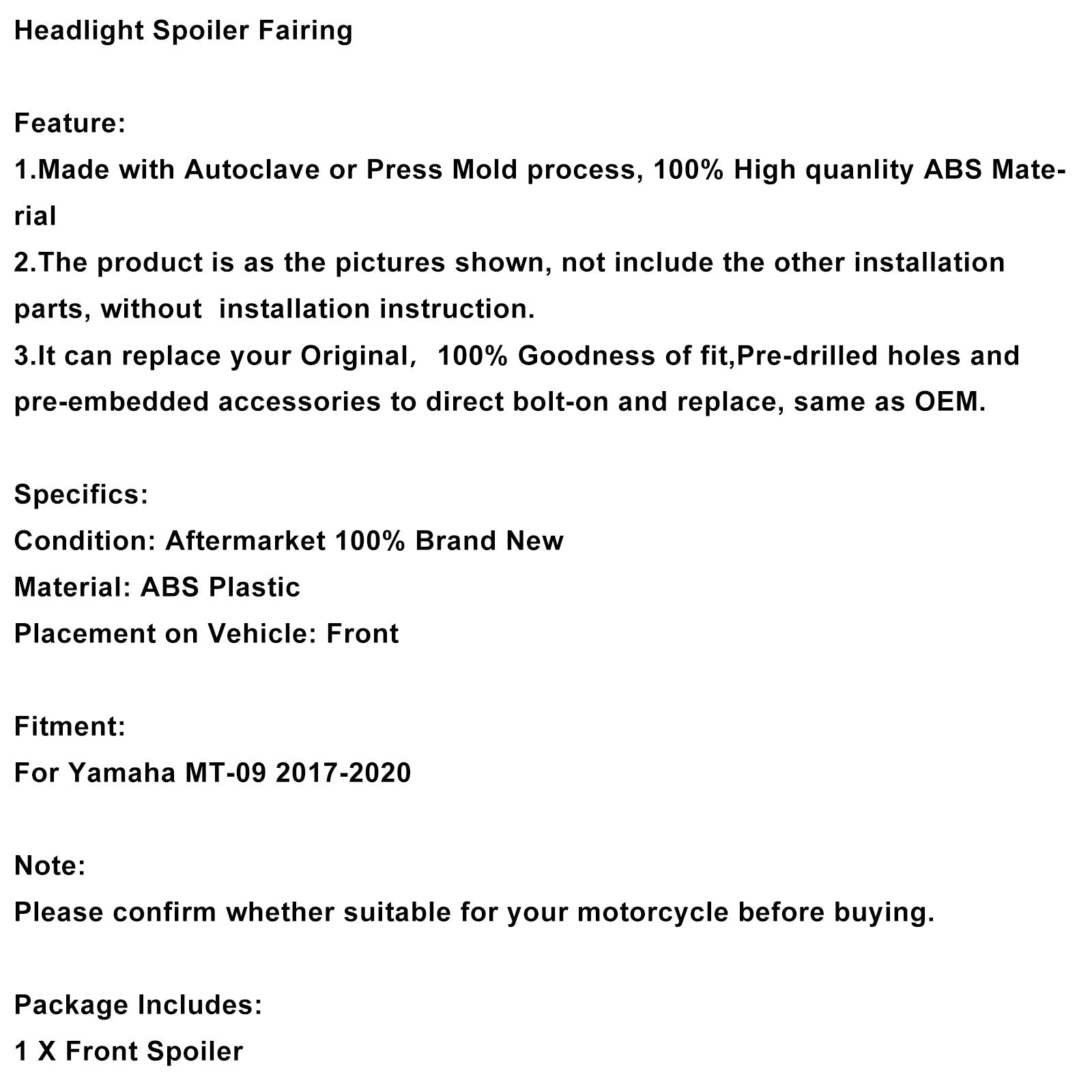 Front Headlight Winglet Fin Fairing Aerodynamics For Yamaha MT-09 2017-2020