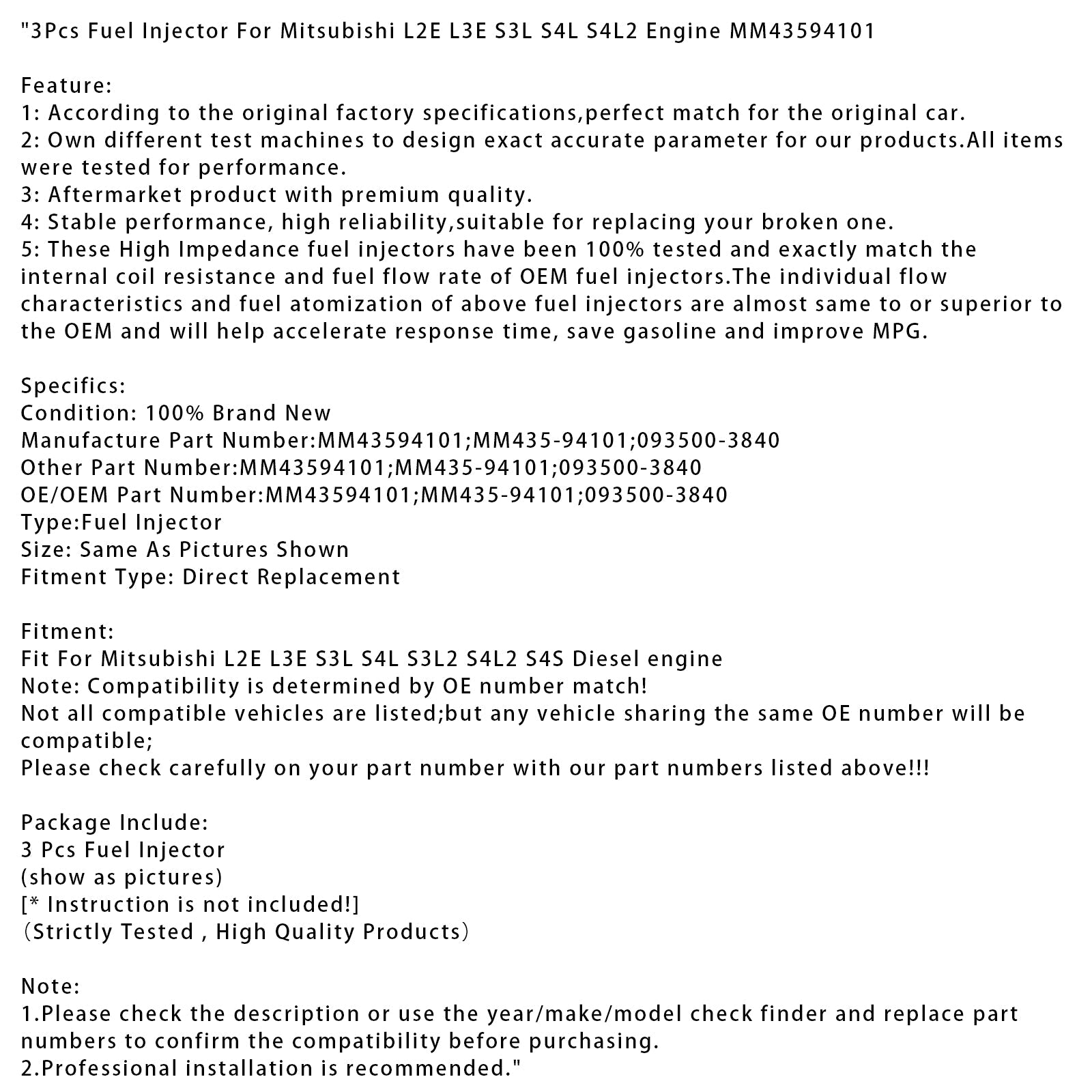 3Pcs Fuel Injector For Mitsubishi L2E L3E S3L S4L S4L2 Engine MM43594101