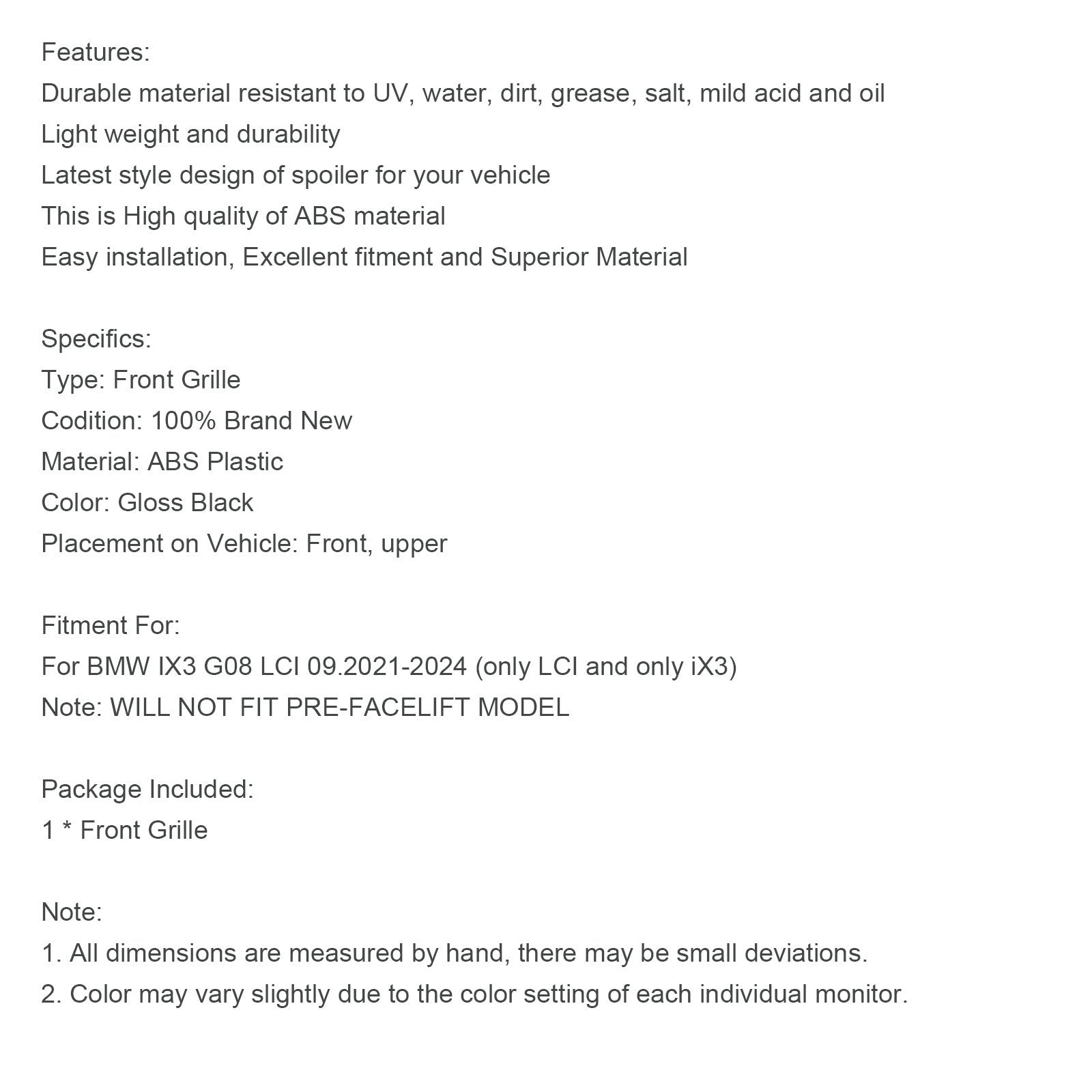 2022 2023 2024 BMW IX3 G08 LCI Double Slat Gloss Black Front Kidney Grill Grille