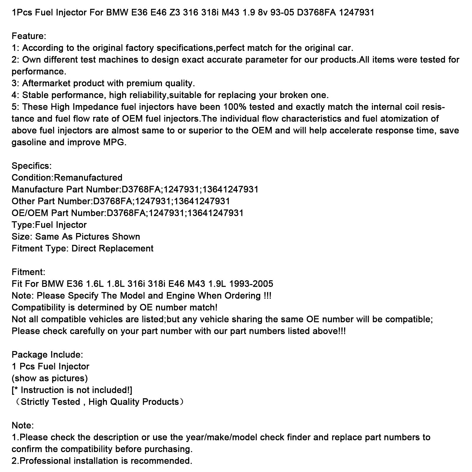 1Pcs Fuel Injector For BMW E36 E46 Z3 316 318i M43 1.9 8v 93-05 D3768FA 1247931