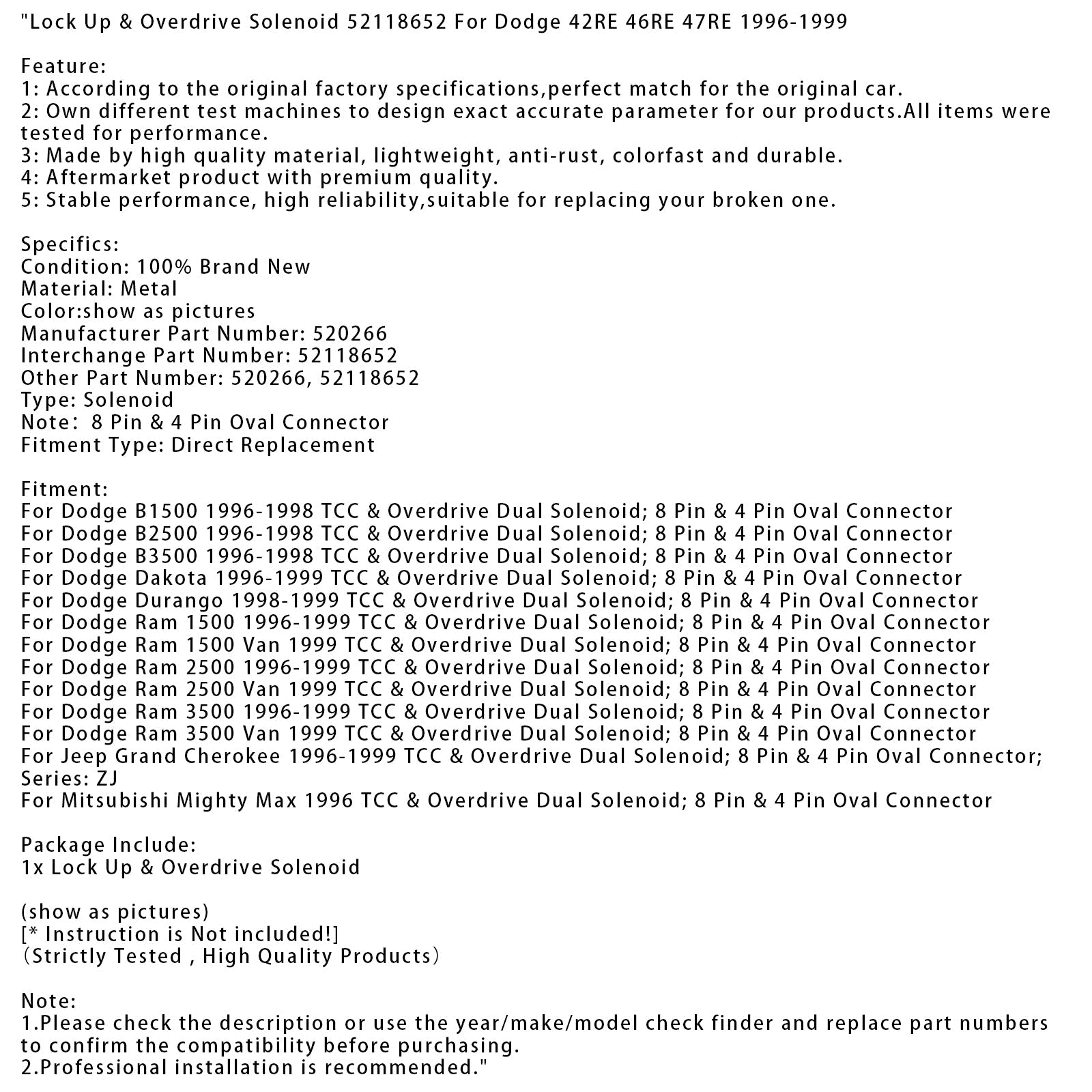 Lock Up & Overdrive Solenoid 52118652 For Dodge 42RE 46RE 47RE 1996-1999