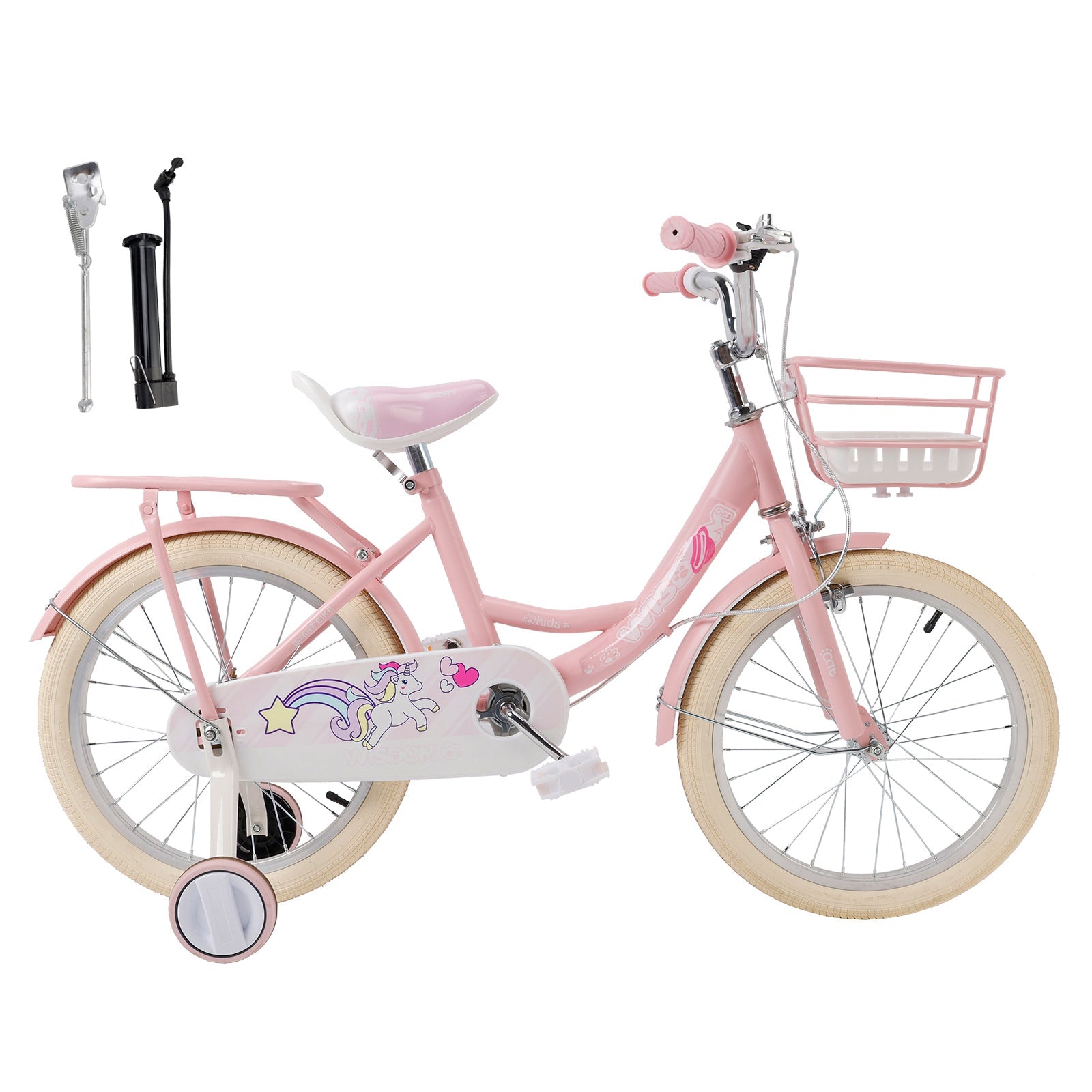 18" Child Bicycle Girls Bike with auxiliary wheels & Rack & Basket Pink