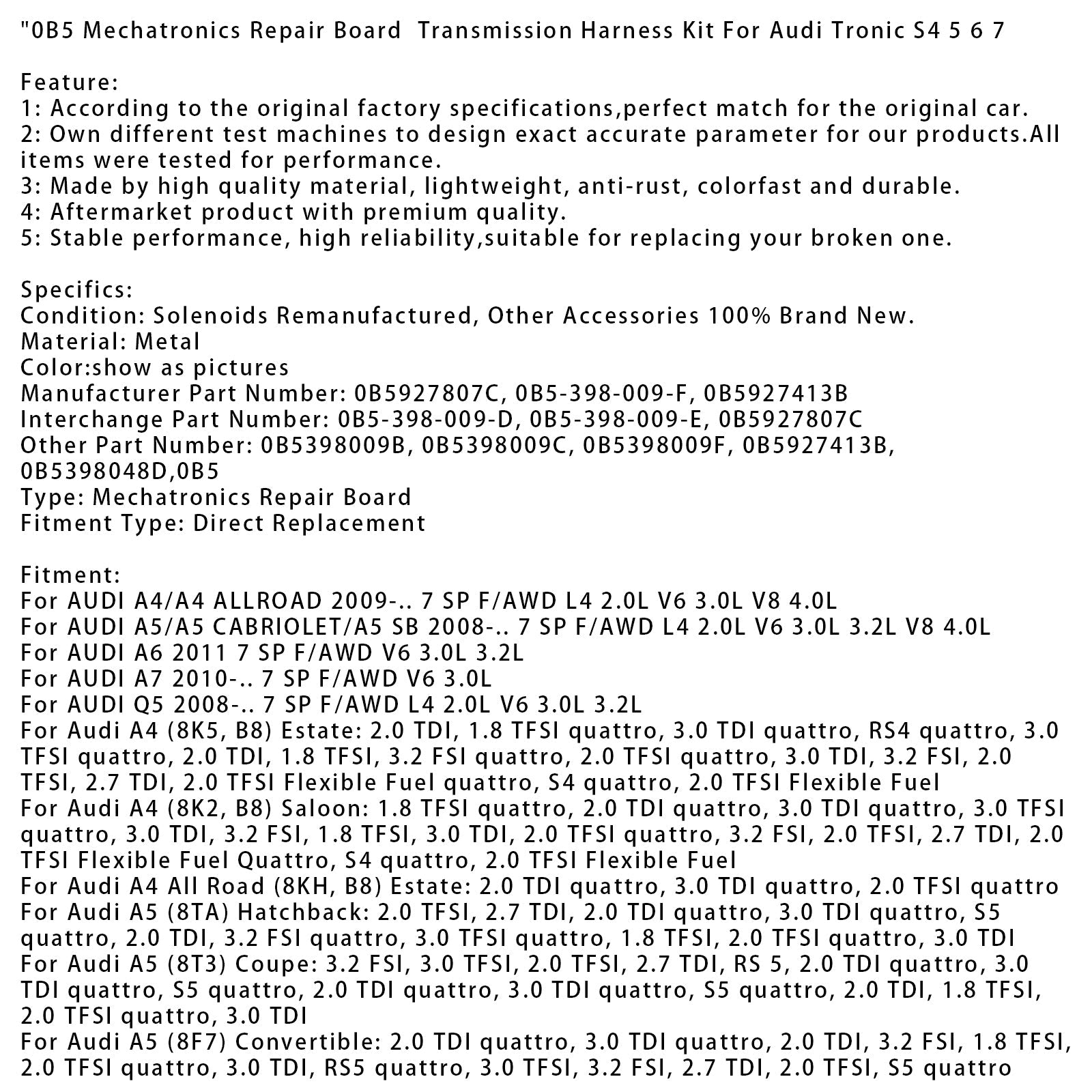 Audi A6 (4G5, C7) Estate 0B5 Mechatronics Repair Board Transmission Harness Kit