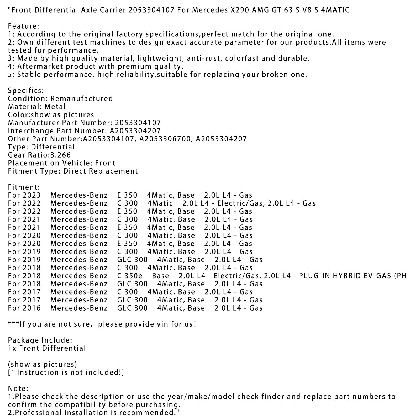 Front Differential Axle Carrier 2053304107 For Mercedes X290 AMG GT 63 S V8
