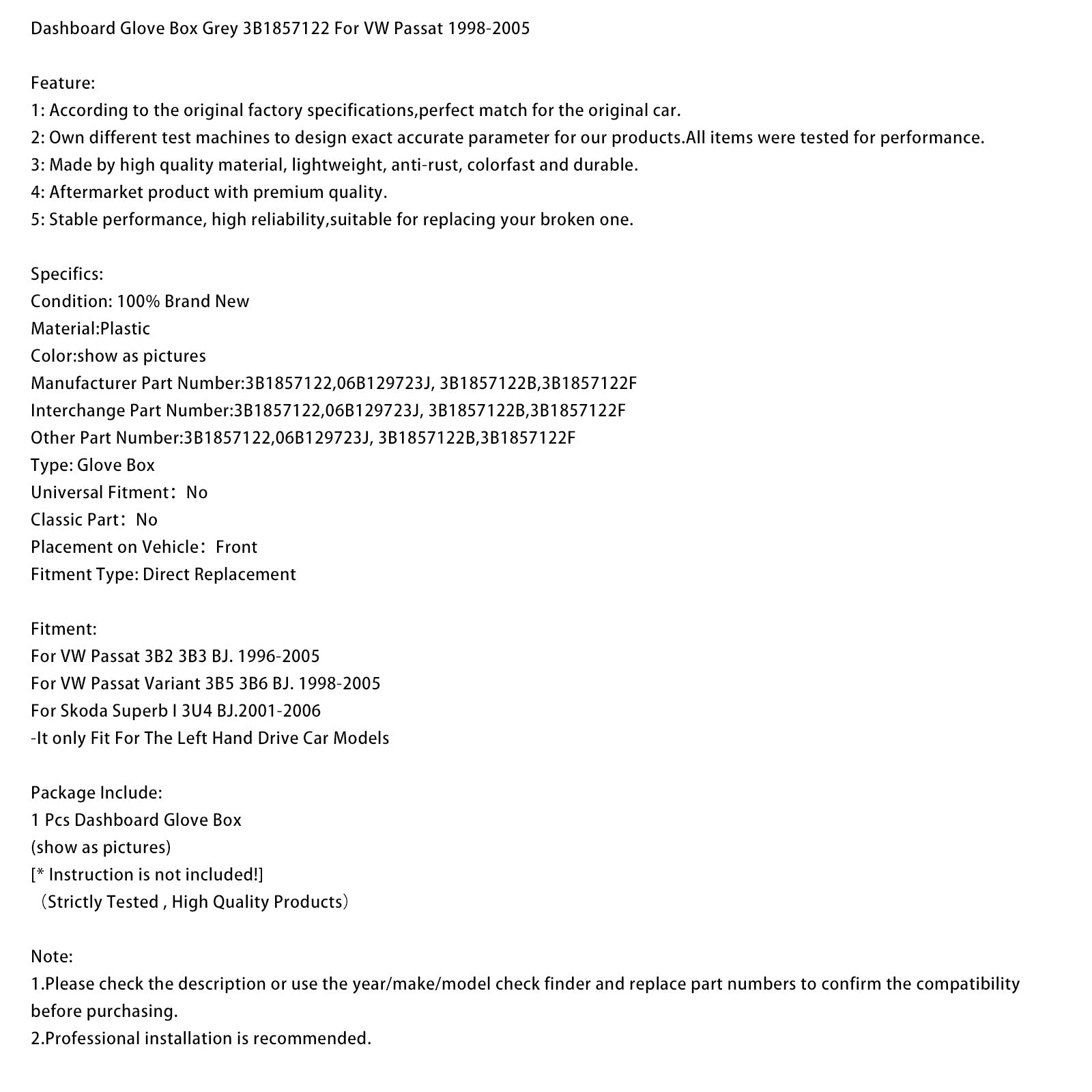 Dashboard Glove Box Grey 3B1857122 For VW Passat 1998-2005