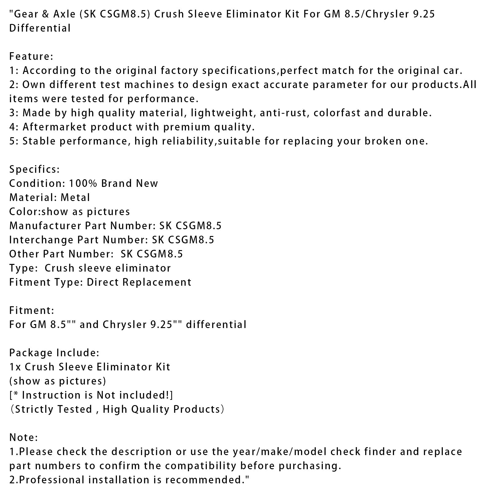 Gear & Axle (SK CSGM8.5) Crush Sleeve Eliminator Kit For GM 8.5 Differentia