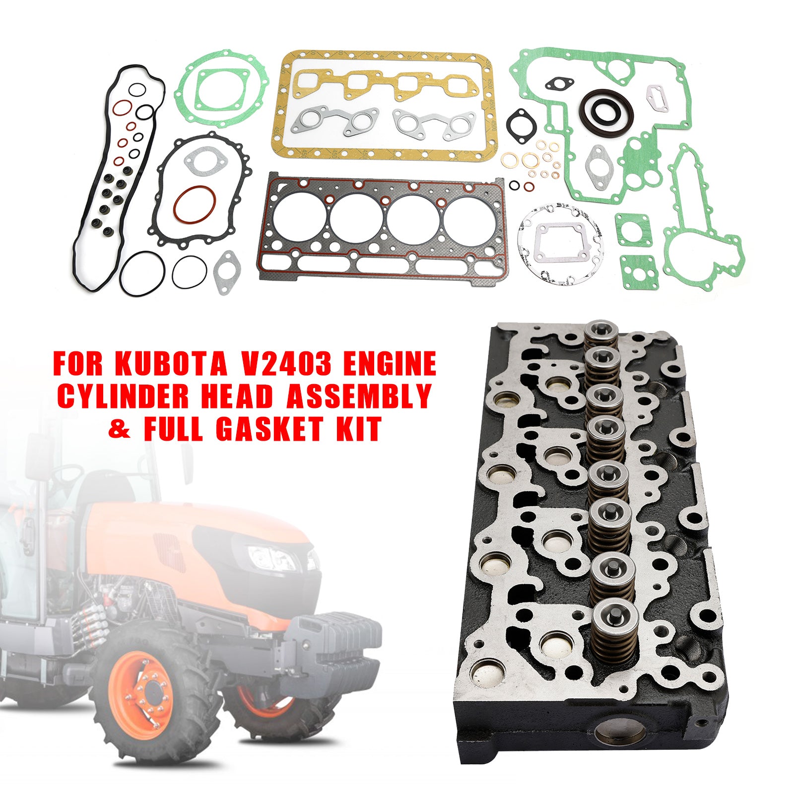 For Kubota V2403 Engine Cylinder Head Assy + Rebuild Overhaul Gasket Kit