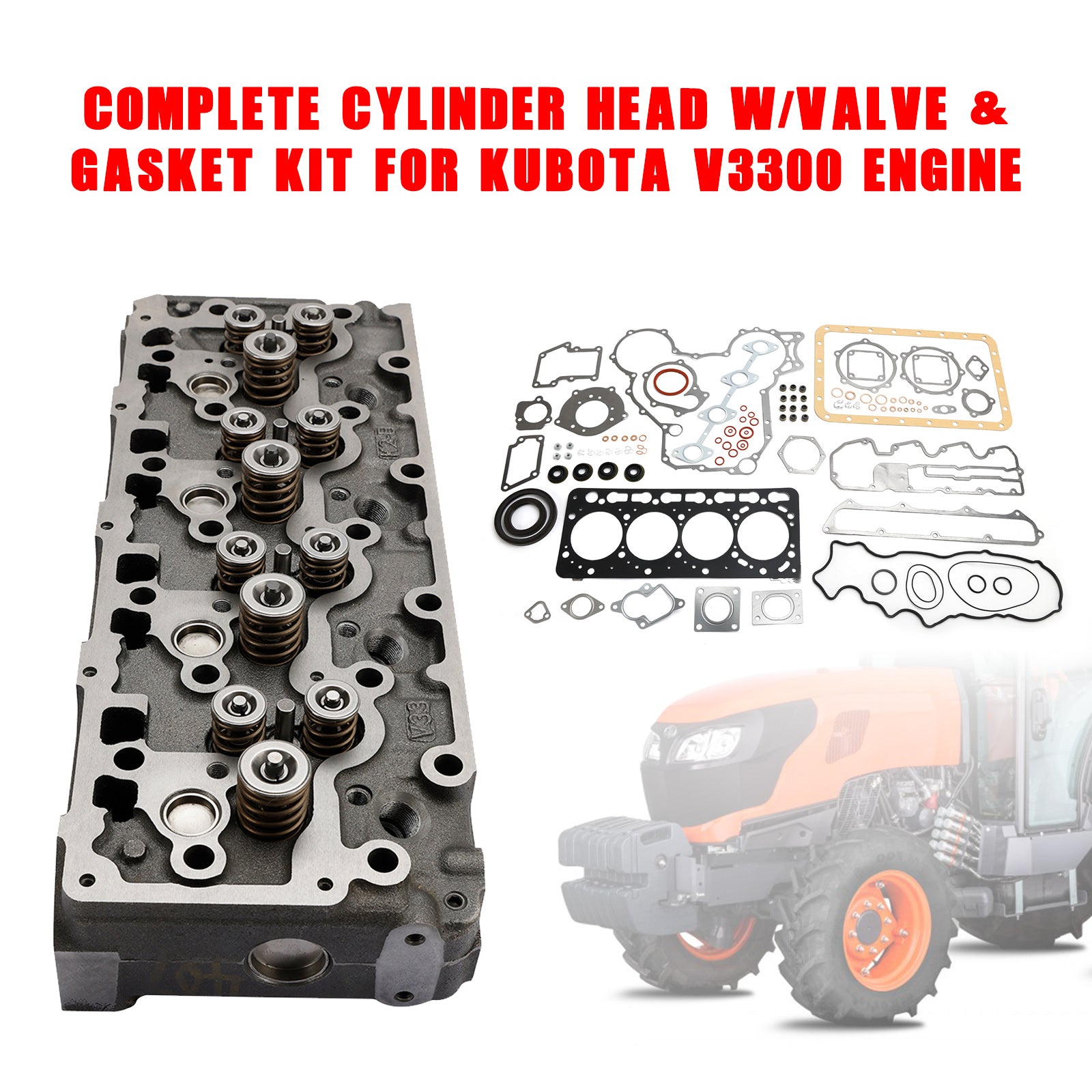 Complete Cylinder Head W/ Valve+Gasket For Kubota V3300 V3300-DI Engine 12V