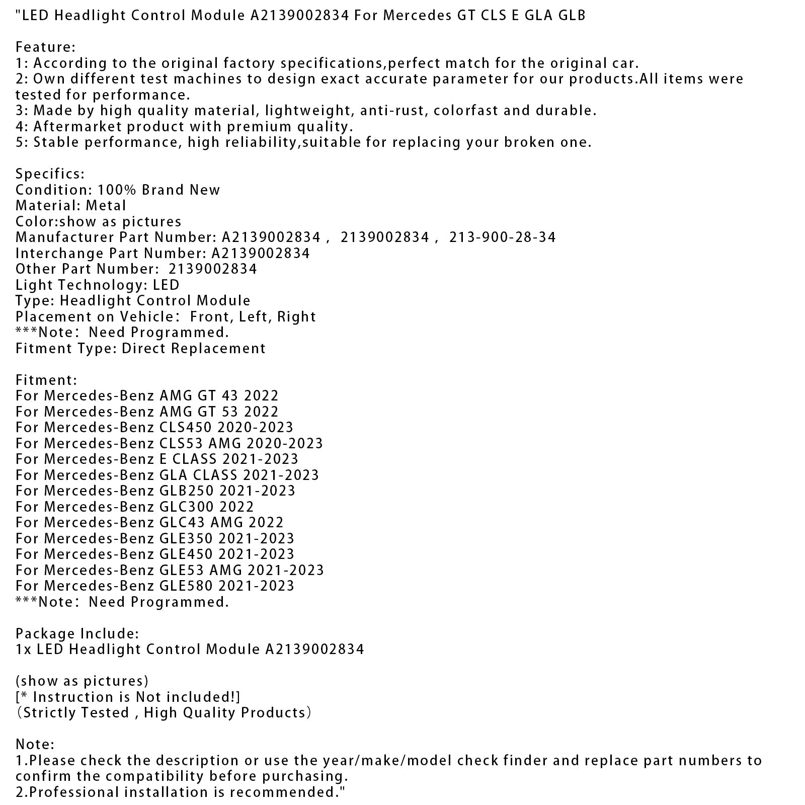 2021-2023 Mercedes-Benz GLE580 LED Headlight Control Module A2139002834