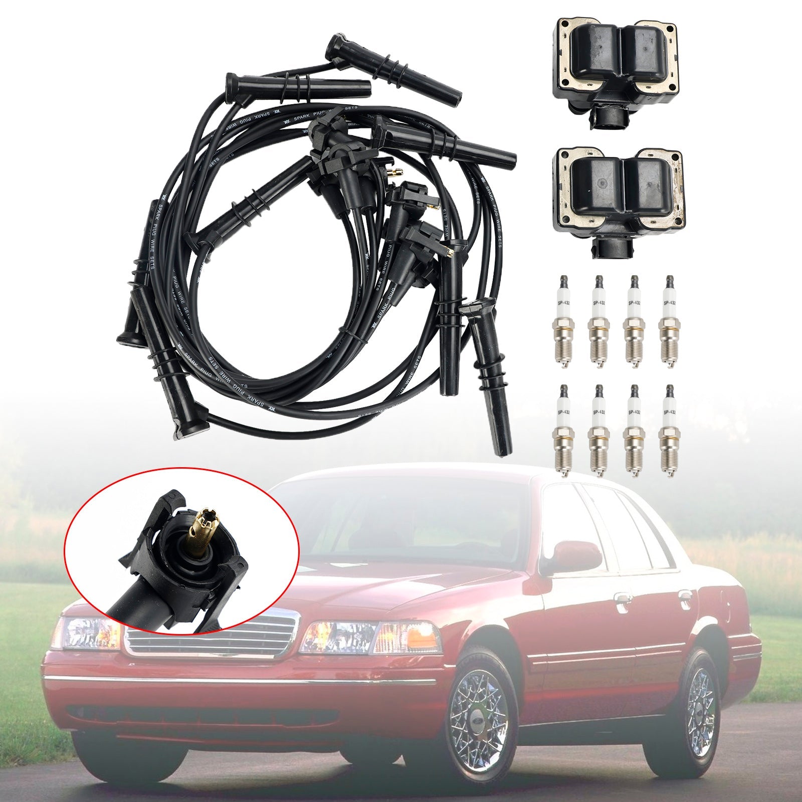 1991-1997 Lincoln Town Car V8 4.6L 2 Ignition Coil Pack 8 Spark Plugs and Wire Set FD487 SP432