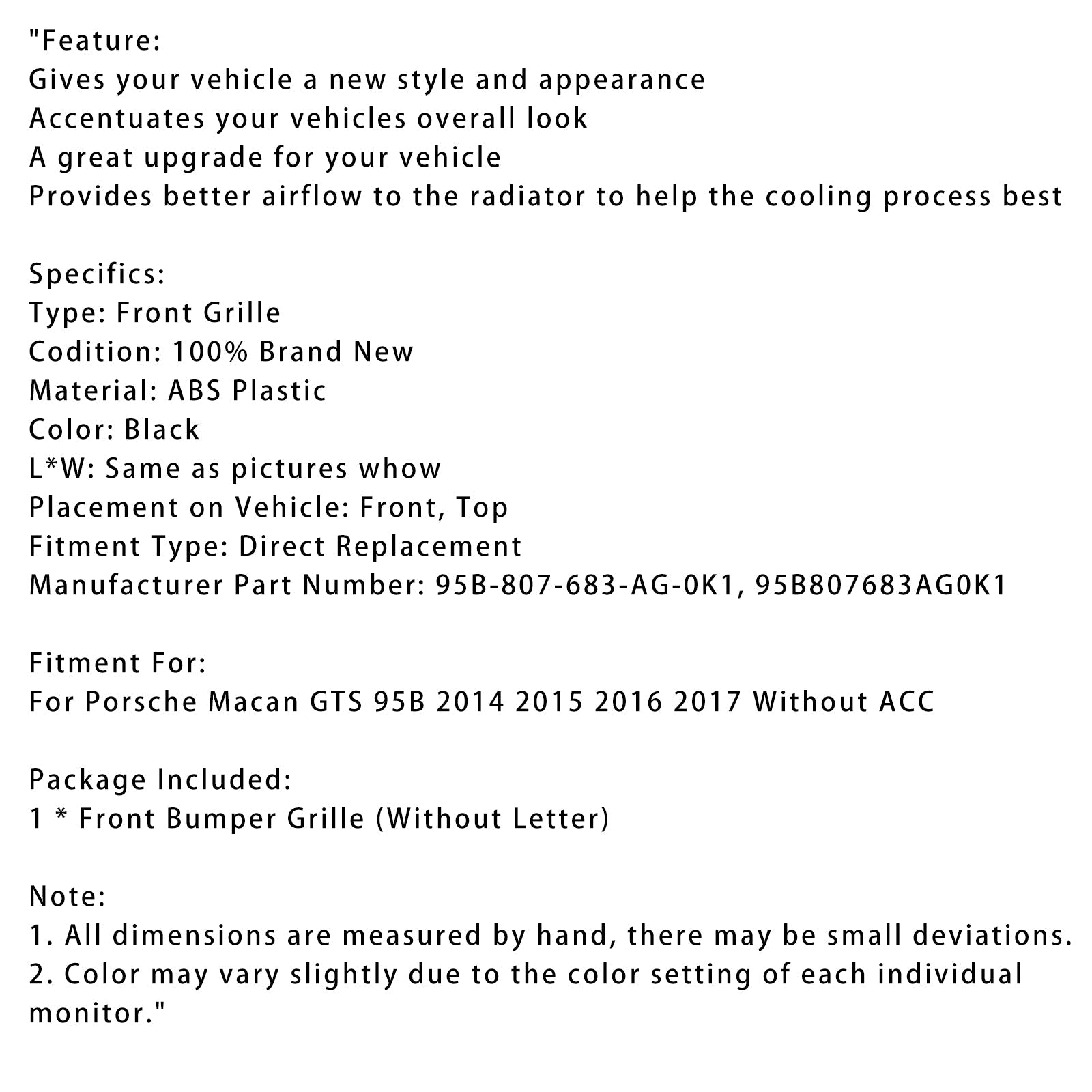 Front Bumper Grill Grille 95B807683-AG-0K1 Fit Porsche Macan GTS 2014-2017