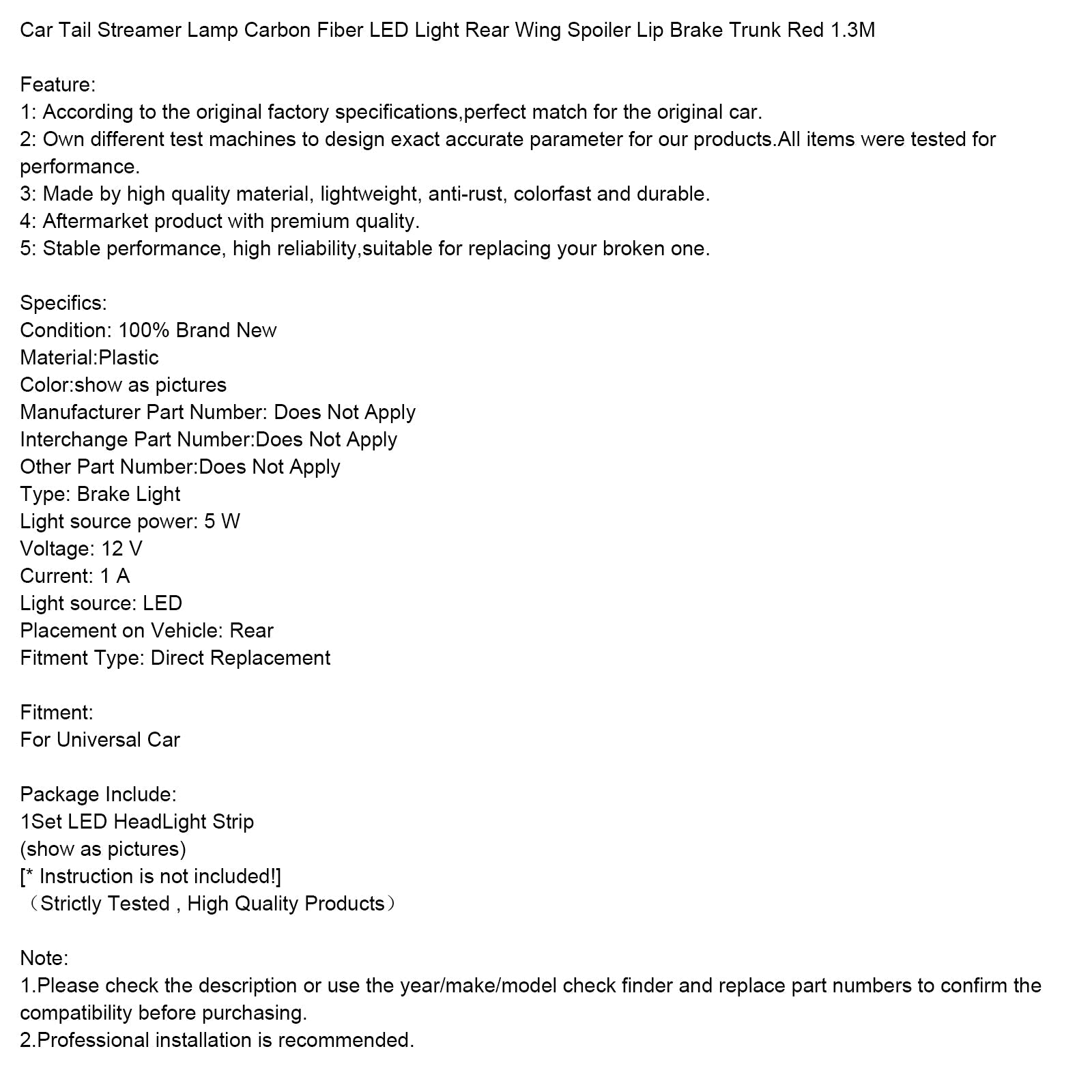 Car Tail Streamer Lamp Carbon Fiber LED Light Rear Wing Spoiler Lip Brake Trunk Red 1.3M