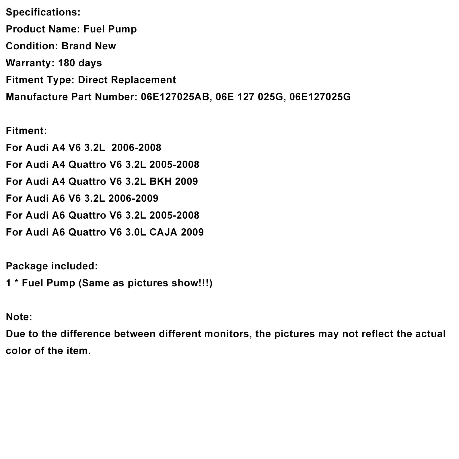 2009 Audi A6 Quattro V6 3.0L CAJA High Pressure Fuel Pump 06E127025G