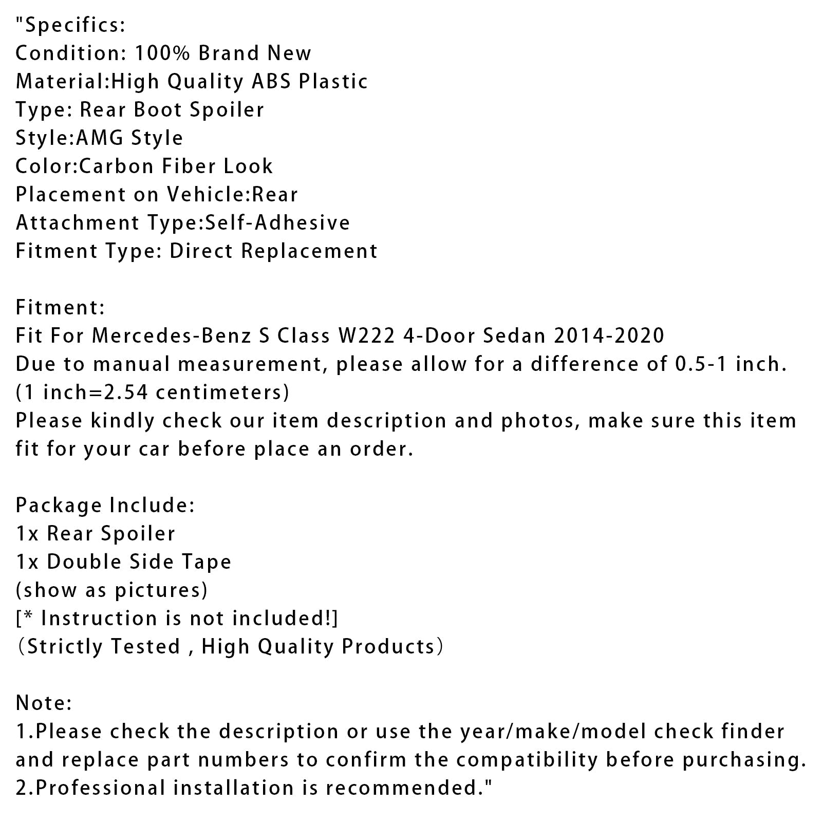 2014-2020 Mercedes-Benz S-Class W222 Carbon Fiber Look Rear Boot Spoiler