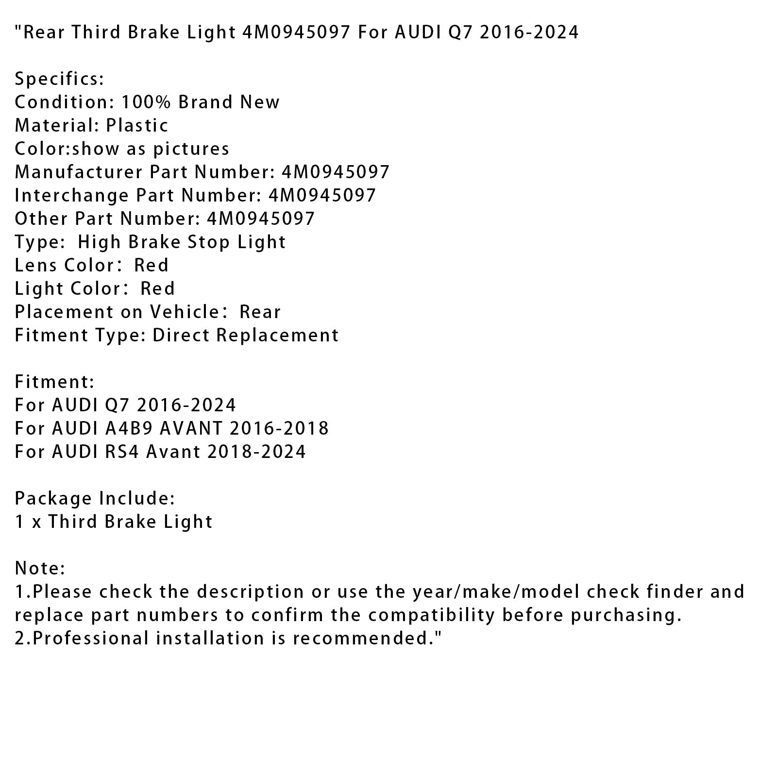 Rear Third Brake Light 4M0945097 For AUDI Q7 2016-2024