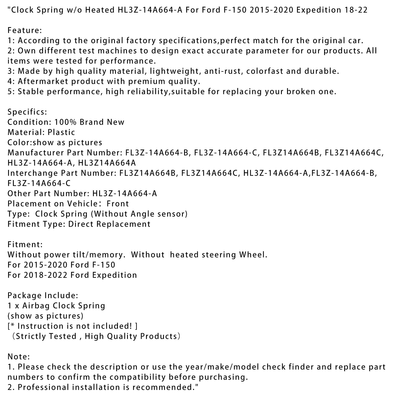 2018-2022 Ford Expedition Clock Spring w/o Heated HL3Z-14A664-A