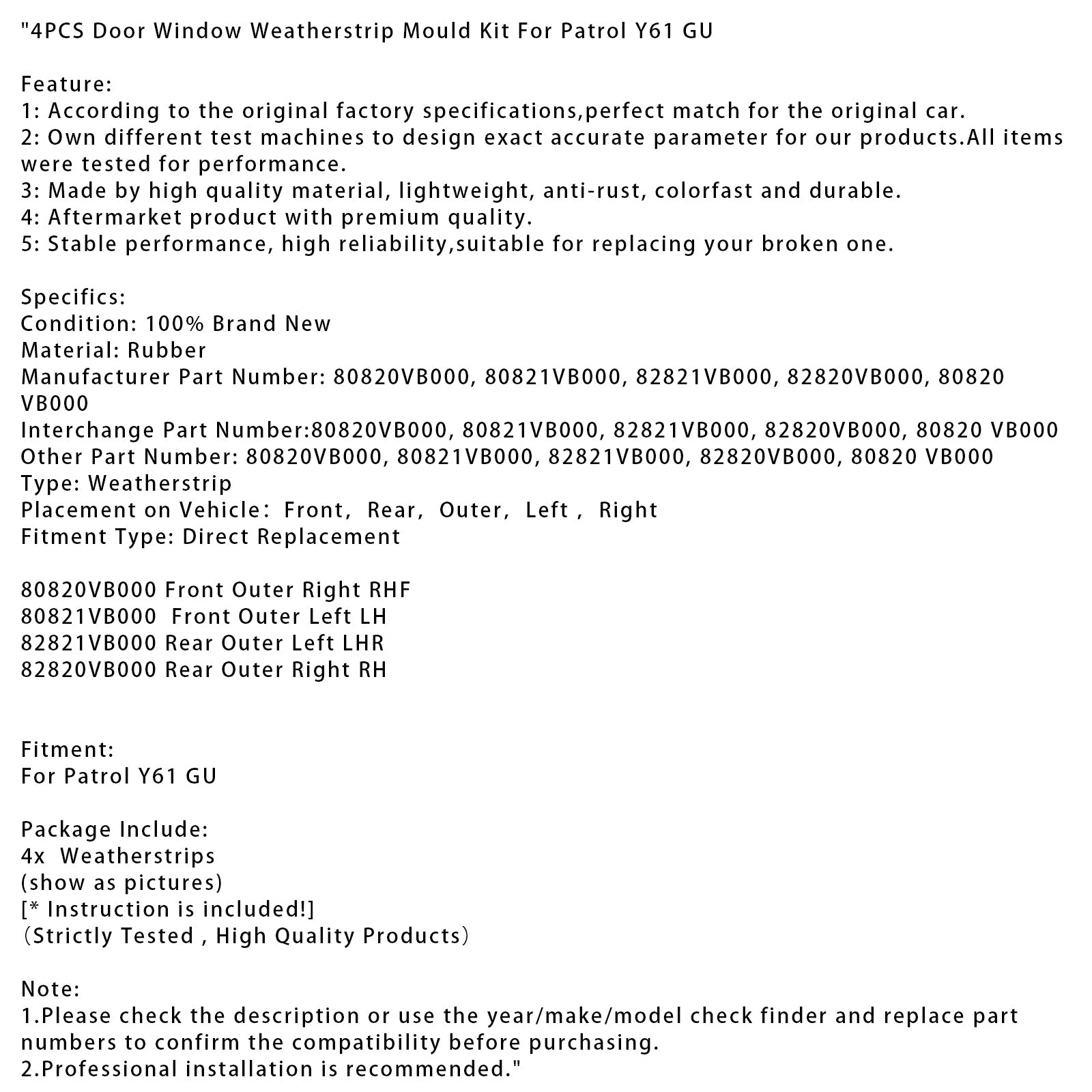 4PCS Door Window Weatherstrip Mould Kit For Patrol Y61 GU