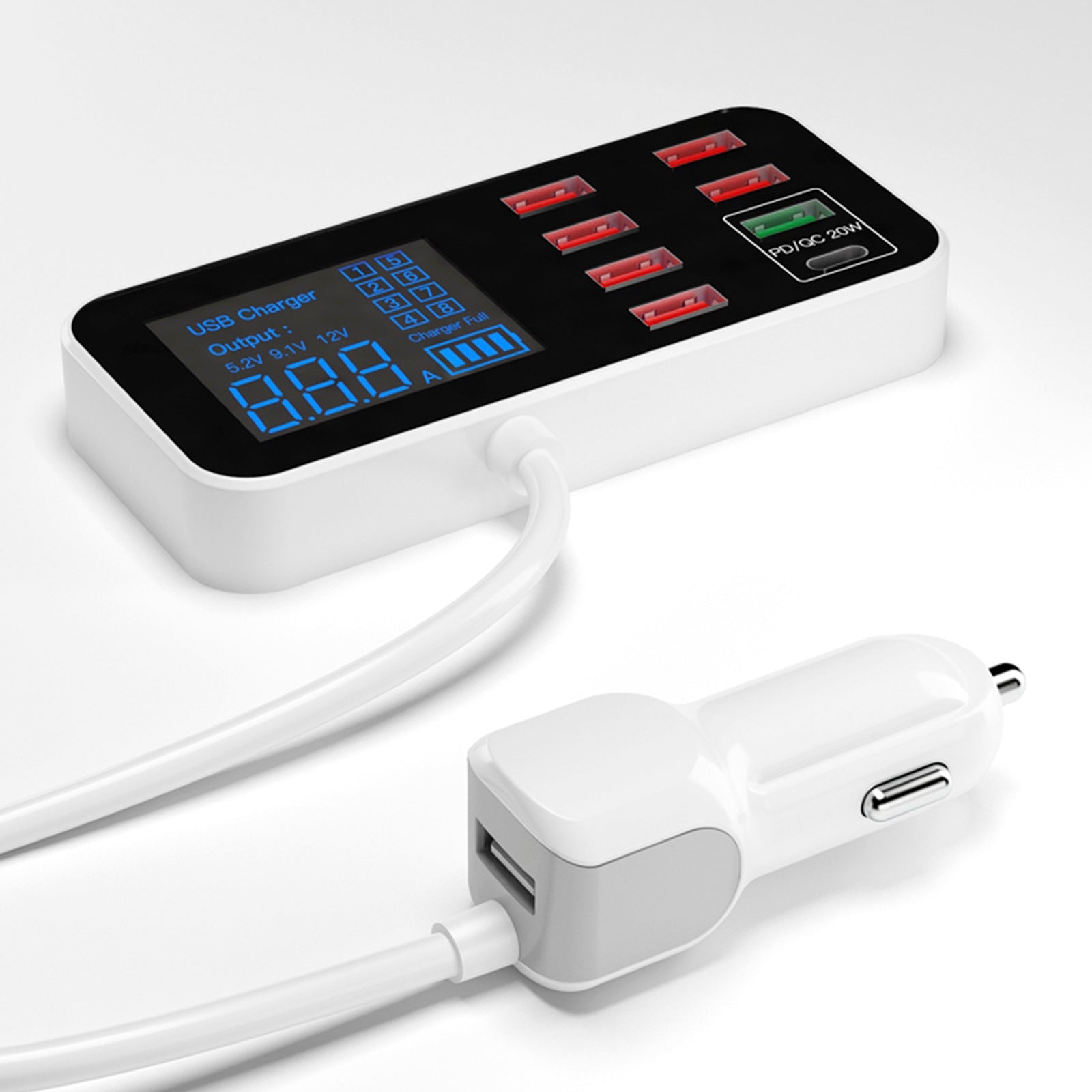 USB Charger PD5V1A QC3.0 Display Small Car 8 Port Car Charger Cigarette Lighter