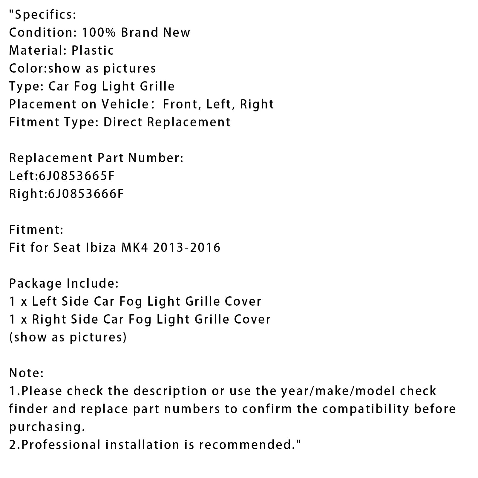 2013-2016 Seat Ibiza MK4 2X Car Front Bumper Fog Light Grilles 6J0853665F 6J0853666F