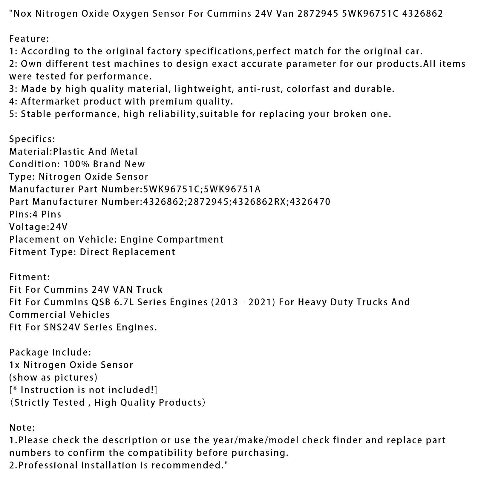 2013?C2021 Cummins QSB 6.7L Series Engines Nox Nitrogen Oxide Oxygen Sensor 2872945 5WK96751C 4326862