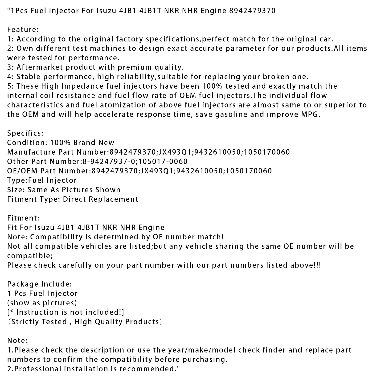 1Pcs Fuel Injector For Isuzu 4JB1 4JB1T NKR NHR Engine 8942479370