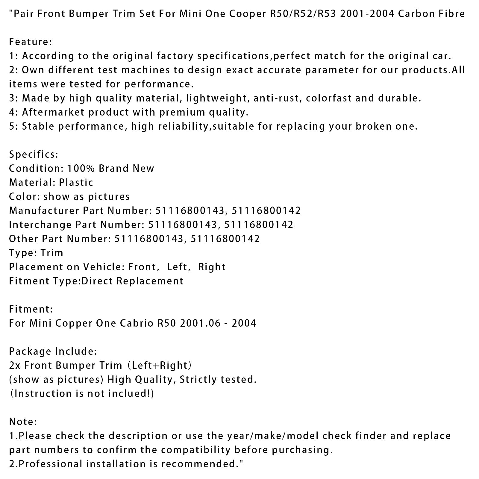 2001-2004 Mini One Cooper R50/R52/R53 Pair Front Bumper Trim Set Carbon Fibre