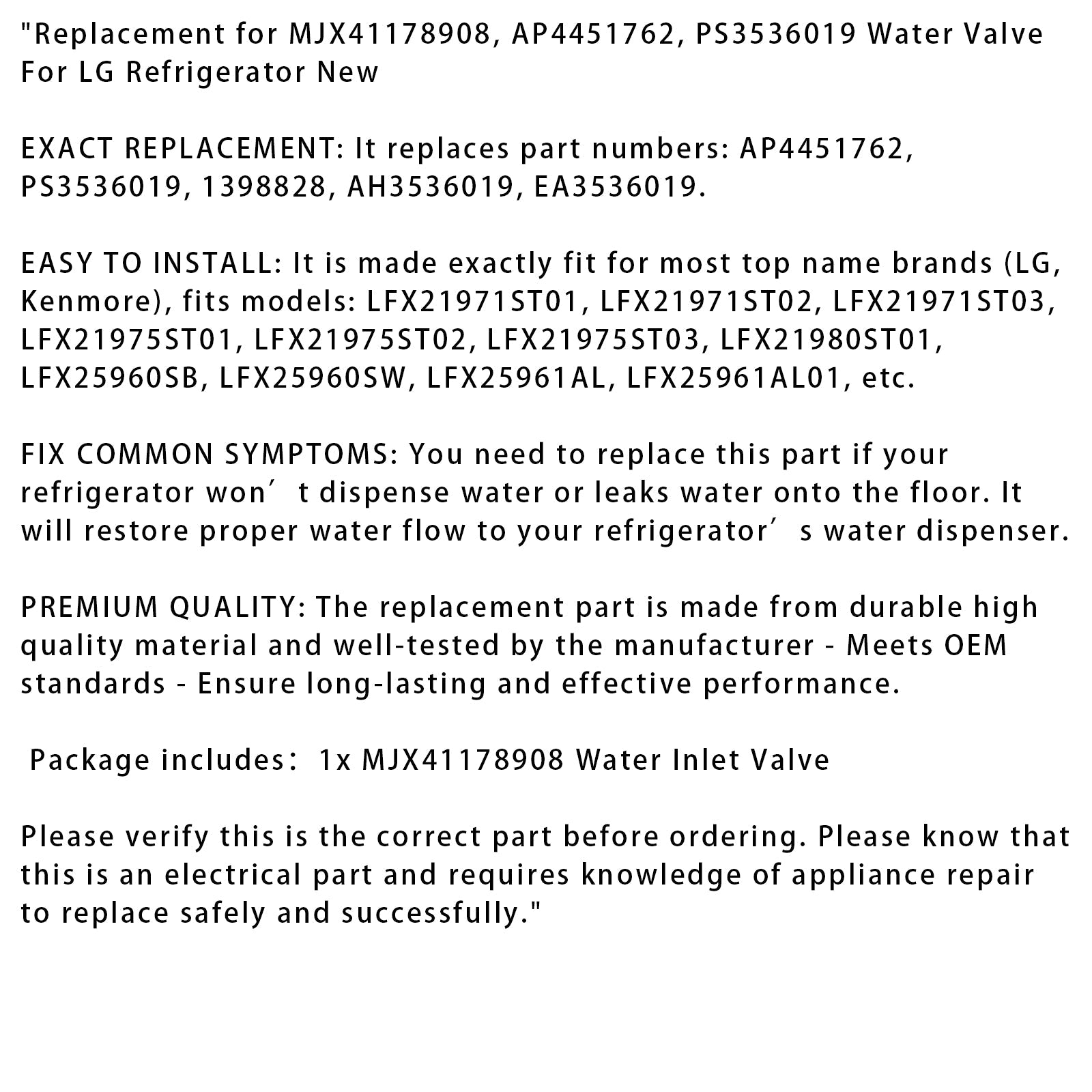 MJX41178908 PS3536019  Water Valve For LG Refrigerator Replacement AP4451762