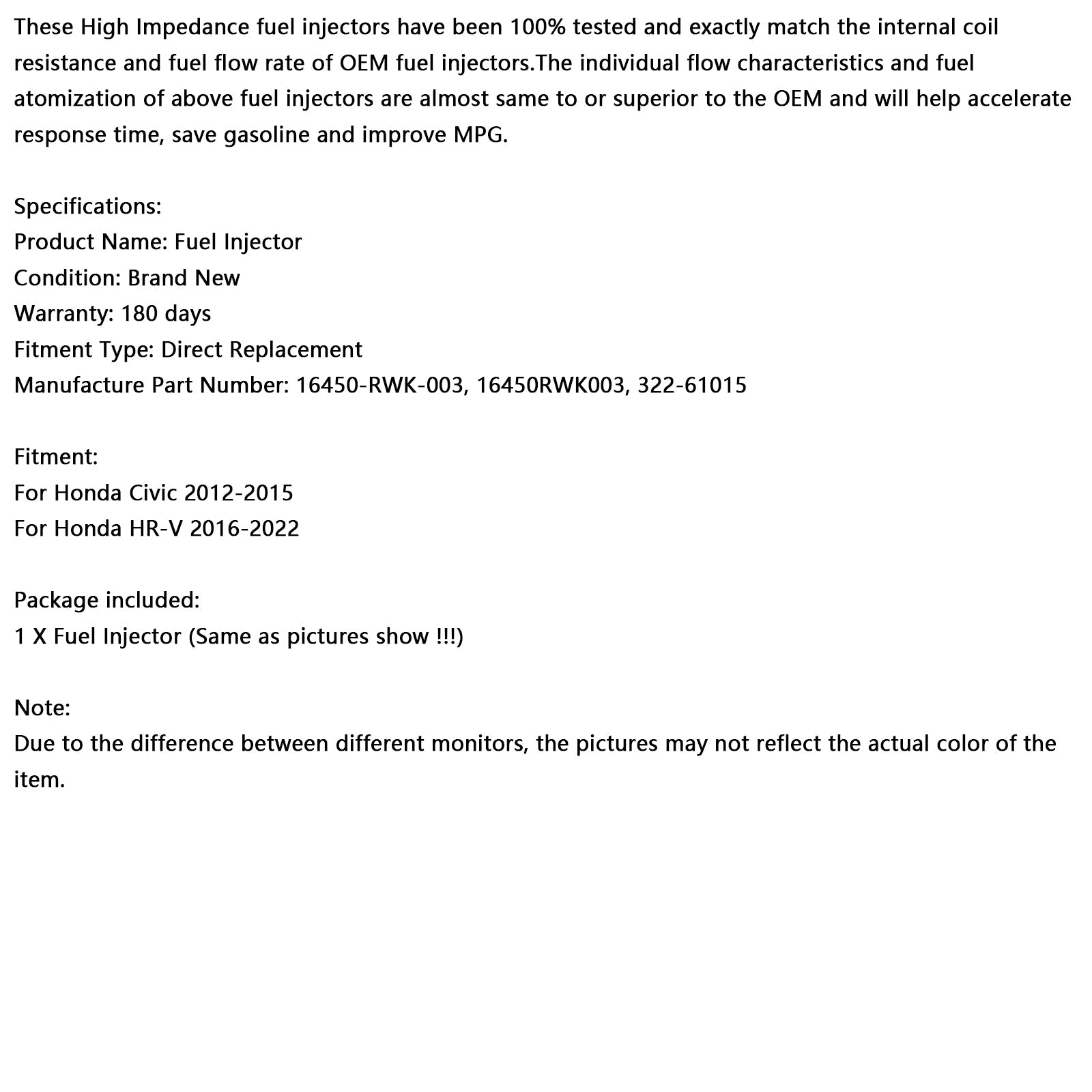 1PCS Fuel Injector 16450-RWK-003 Fit Honda HR-V 2016-2022 Fit Honda Civic