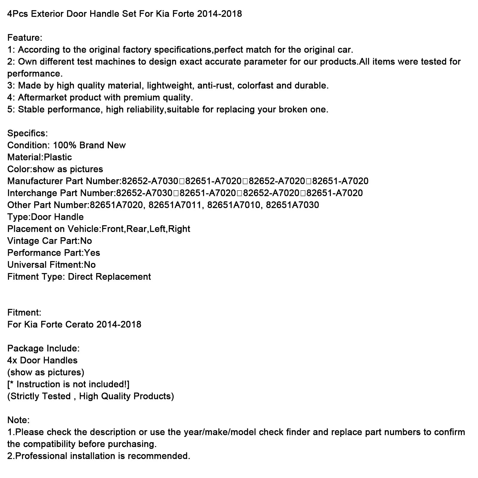 2014-2018  Kia Forte Cerato 4Pcs Exterior Door Handle Set