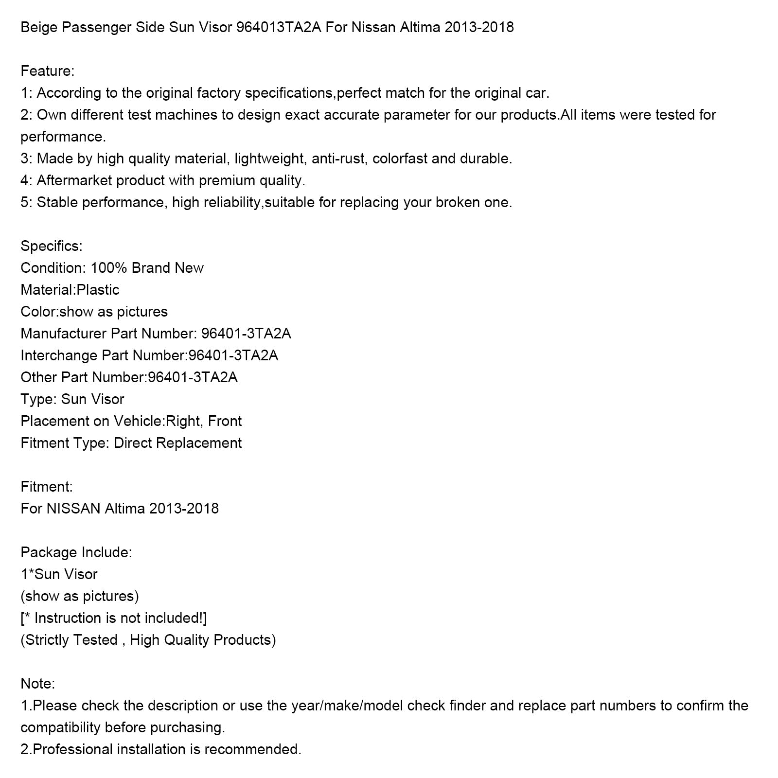 2013-2018 Nissan Altima Beige Passenger Side Sun Visor 964003TA2A