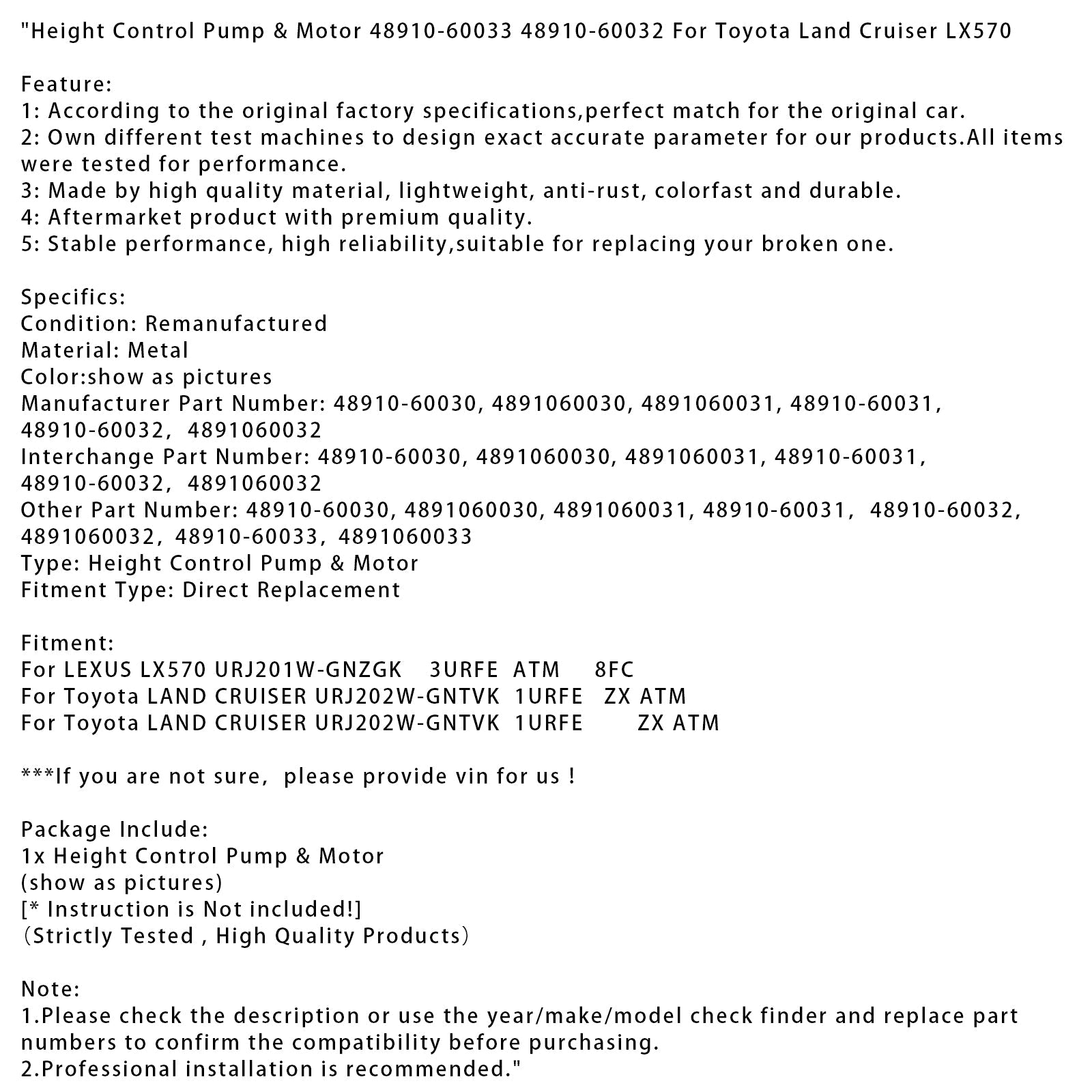 Height Control Pump & Motor 48910-60033 48910-60032 For Toyota Land Cruiser