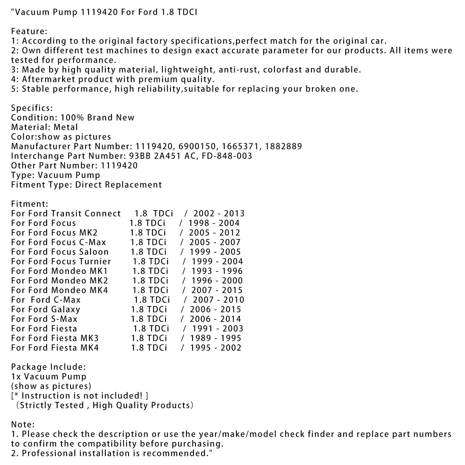 Vacuum Pump 1119420 For Ford 1.8 TDCI