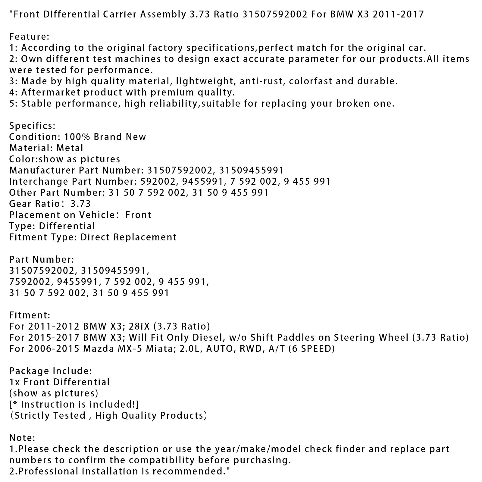 2006-2015 Mazda MX-5 Miata 2.0L Front Differential Carrier Assembly 3.73 Ratio 31507592002