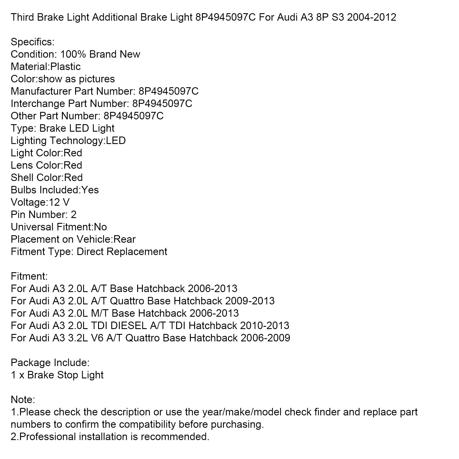 Third Brake Light Additional Brake Light 8P4945097C For Audi A3 8P S3 2004-2012