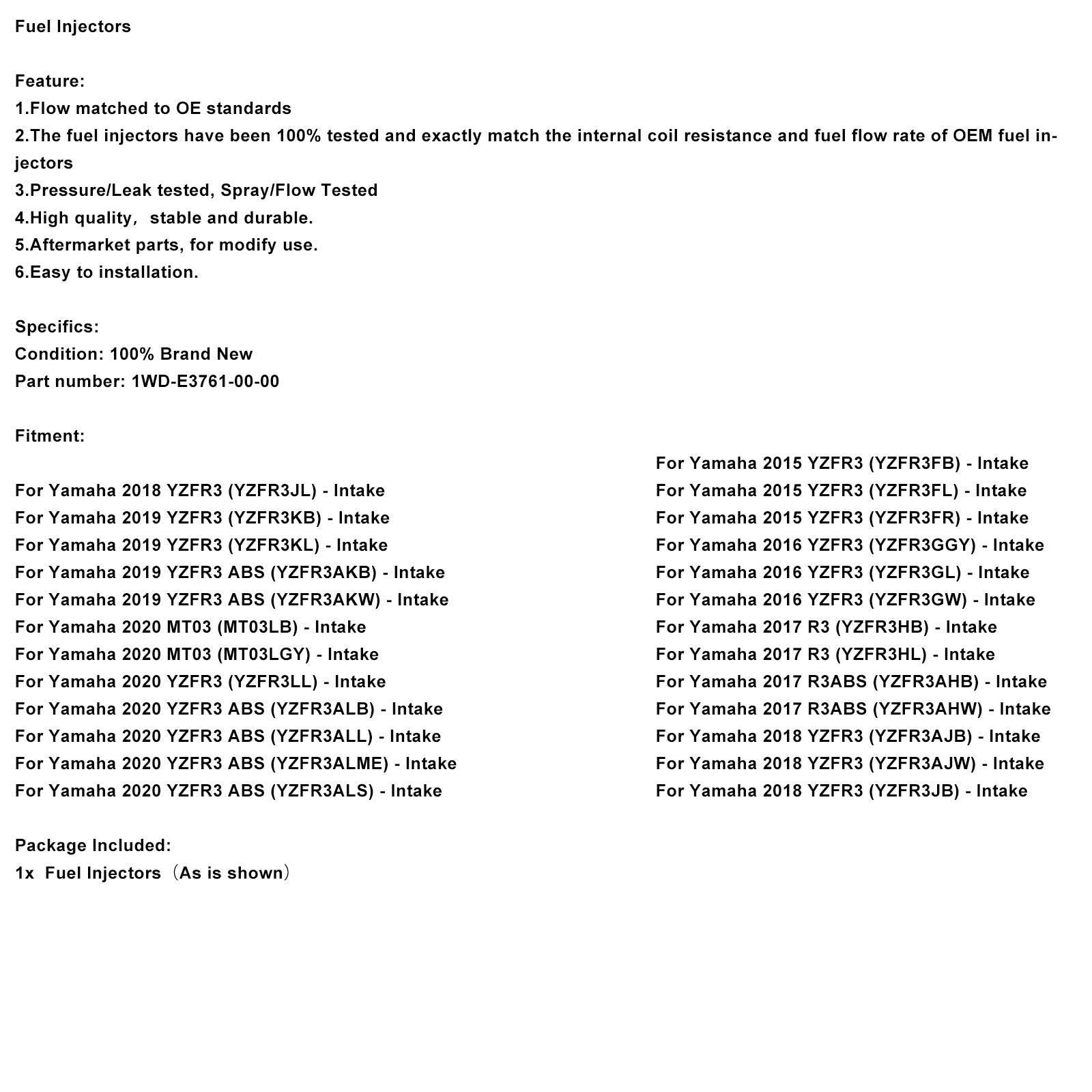 1WD-E3761-00-00 Fuel Injectors For Yamaha YZF-R3 2015-2022