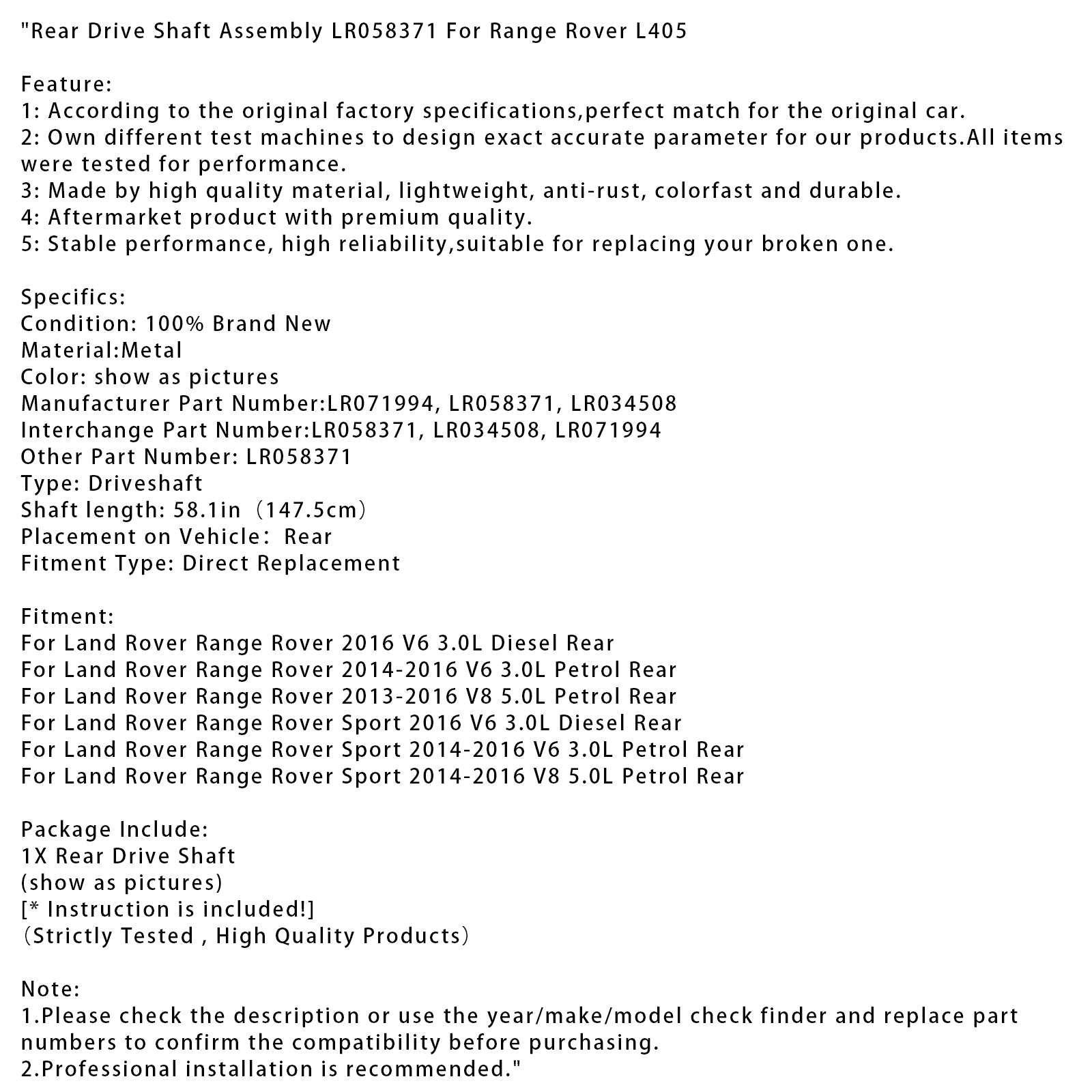 2016 Land Rover Range Rover Sport V6 3.0L Diesel Rear Drive Shaft Assembly LR058371 LR034508