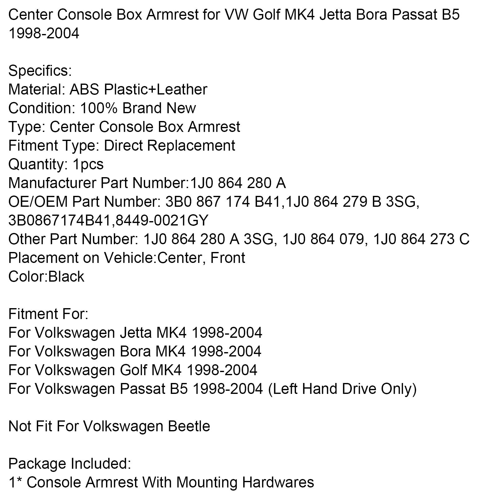 1998-2004 VW Golf MK4 Jetta Bora Passat B5 Center Console Box Armrest 1J0 864 280 A