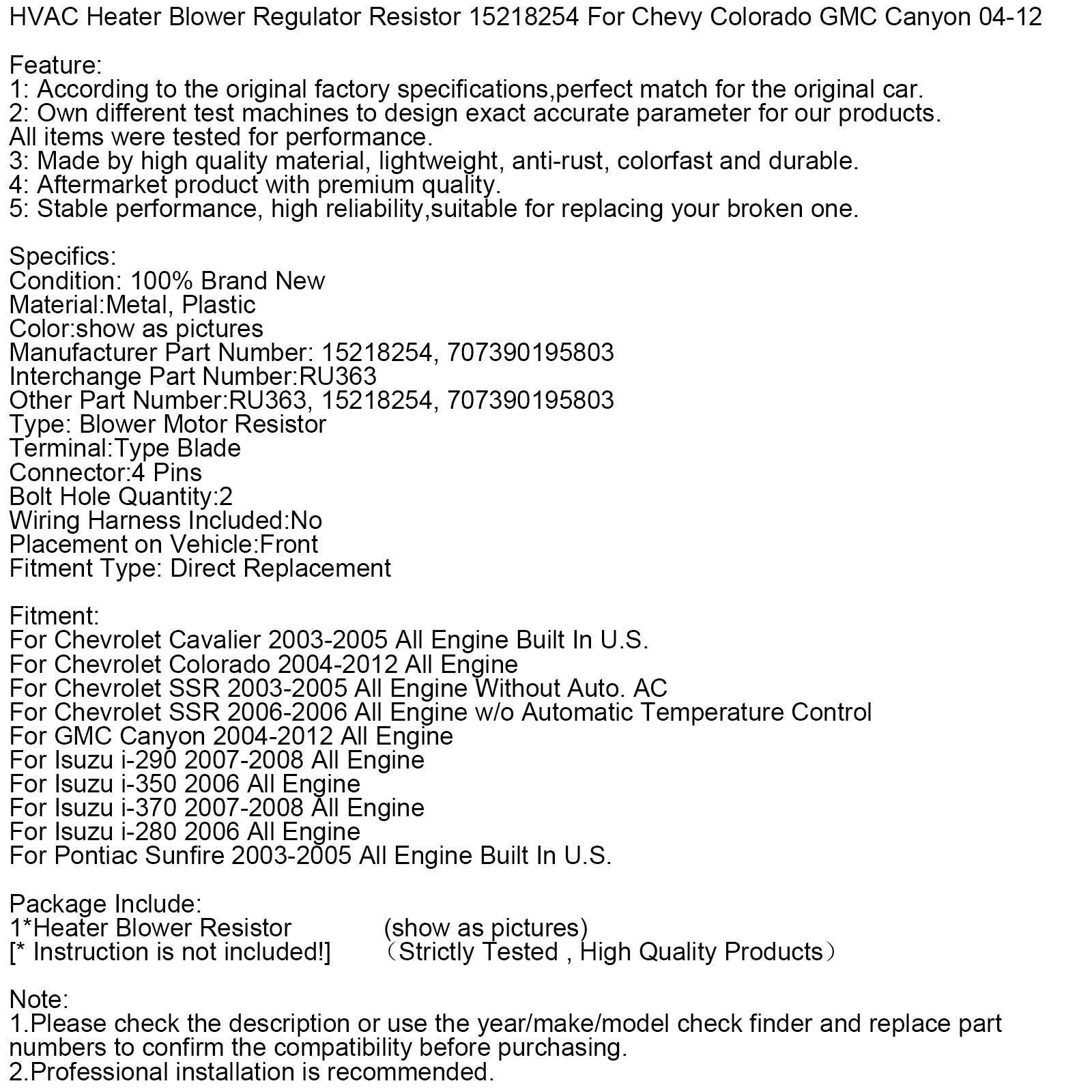 HVAC Heater Blower Regulator Resistor 15218254 For Chevy Colorado GMC 04-12