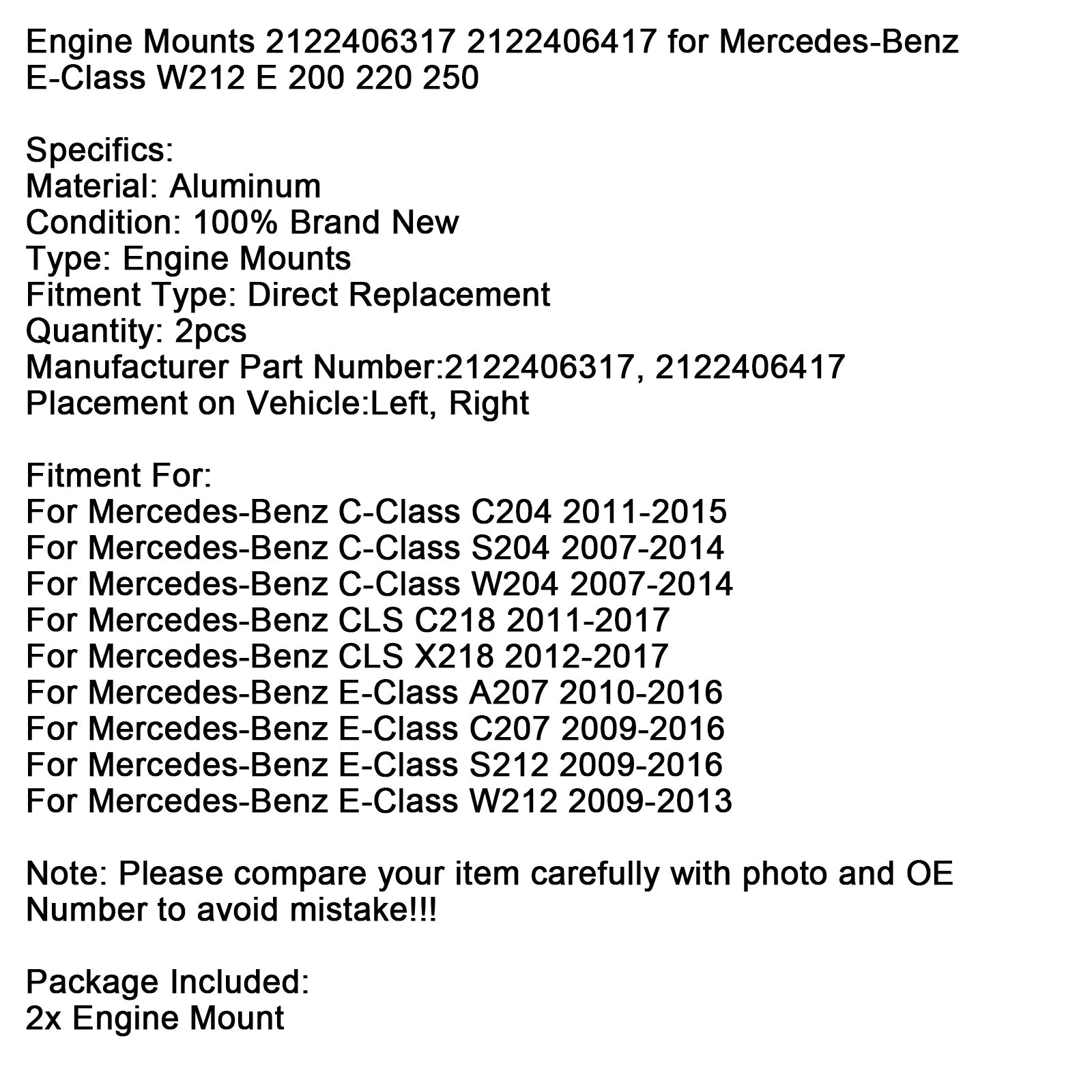 2009-2013 Mercedes-Benz E-Class W212 2x Left + Right Engine Mounts 2122406317 2122406417