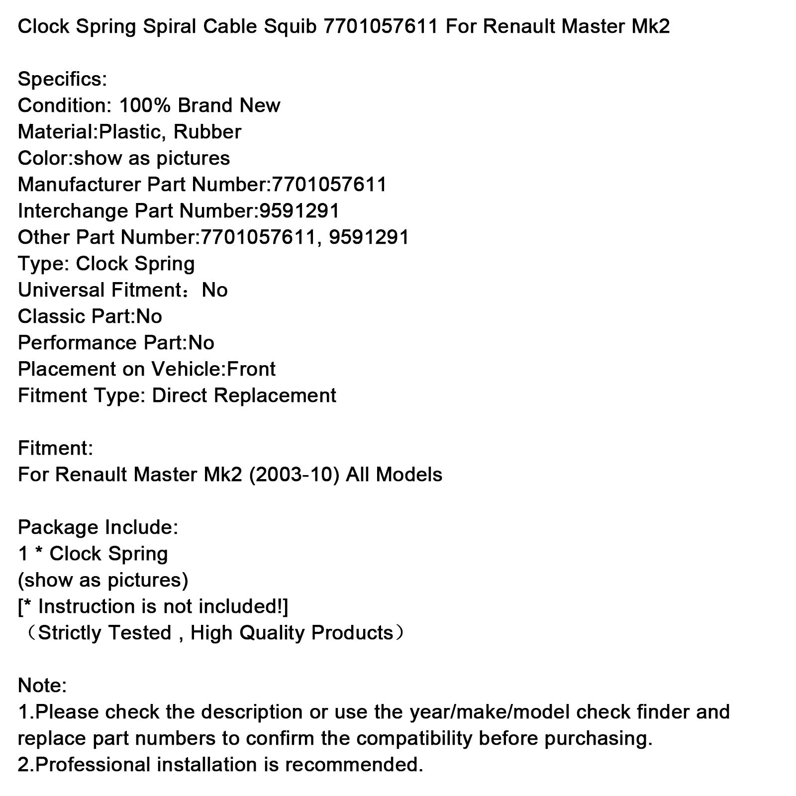 2003-2010 Renault Master Mk2 Clock Spring Spiral Cable Squib 7701057611