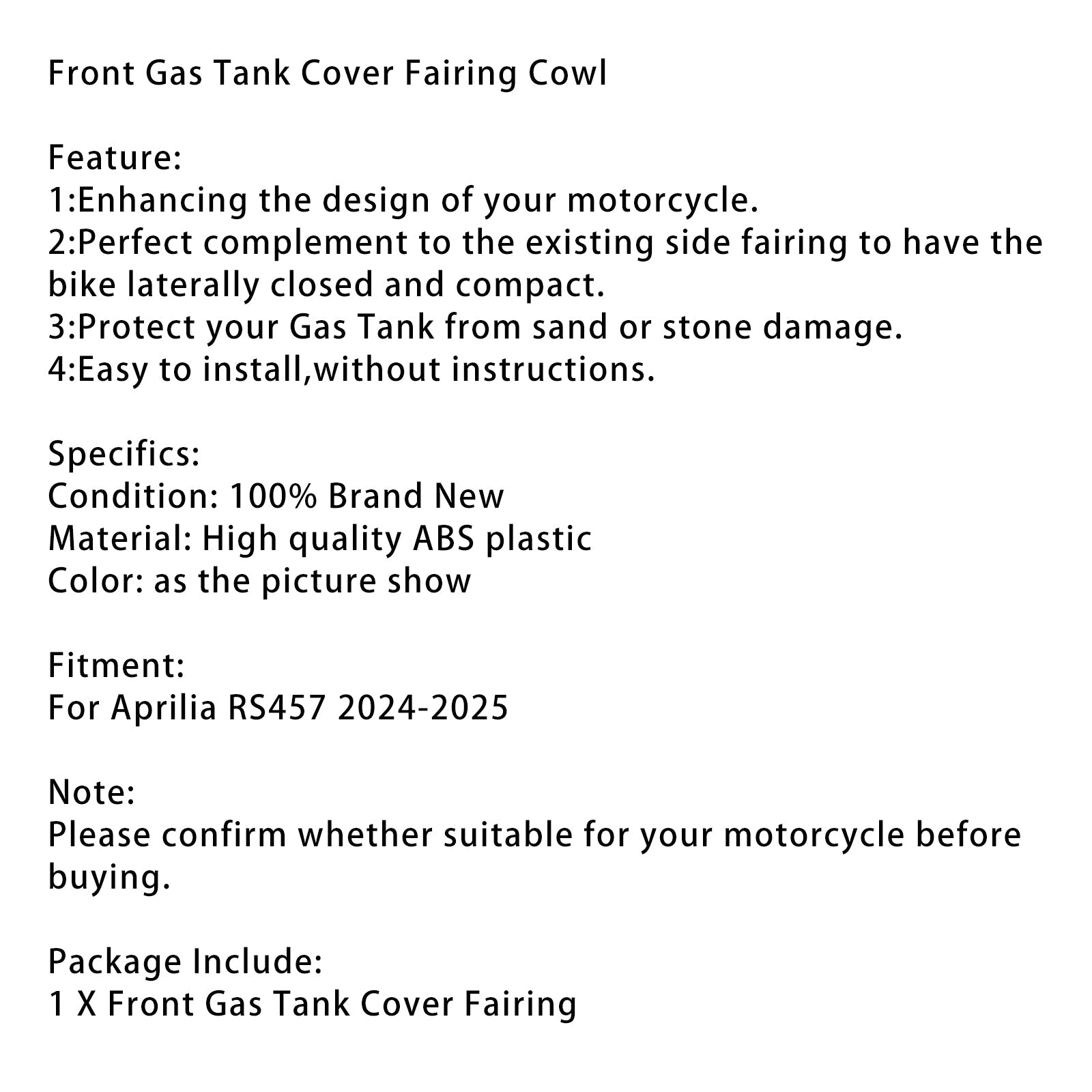 2024-2025 Aprilia RS457 RS 457 Front Gas Tank Cover Trim Fairing Cowl