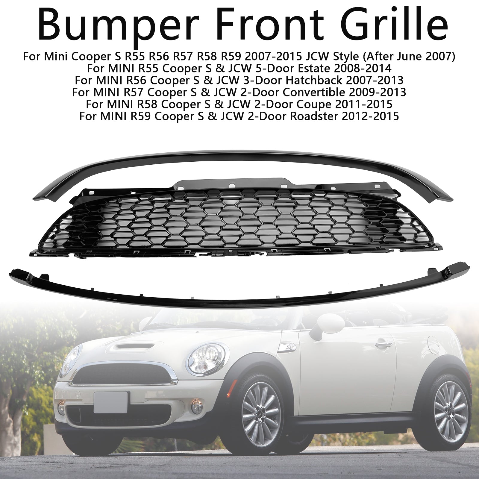 3PCS Gloss Black Front Grill Grille Fit Mini R55 R56 R57 R58 R59 Cooper S & JCW