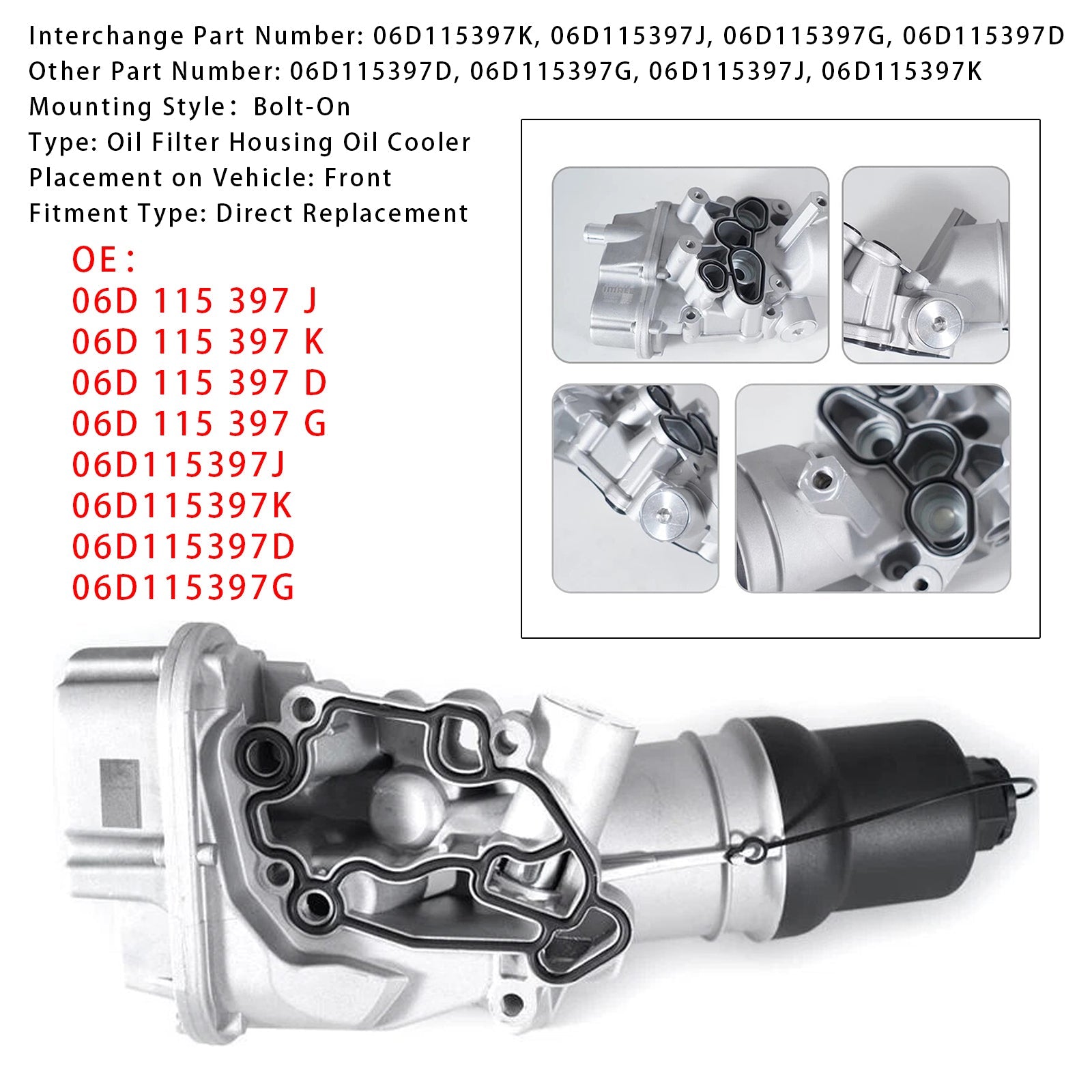 2005-2010 Volkswagen Jetta Engine Oil Cooler Oil Filter Assembly 06D115397K 06D115397J